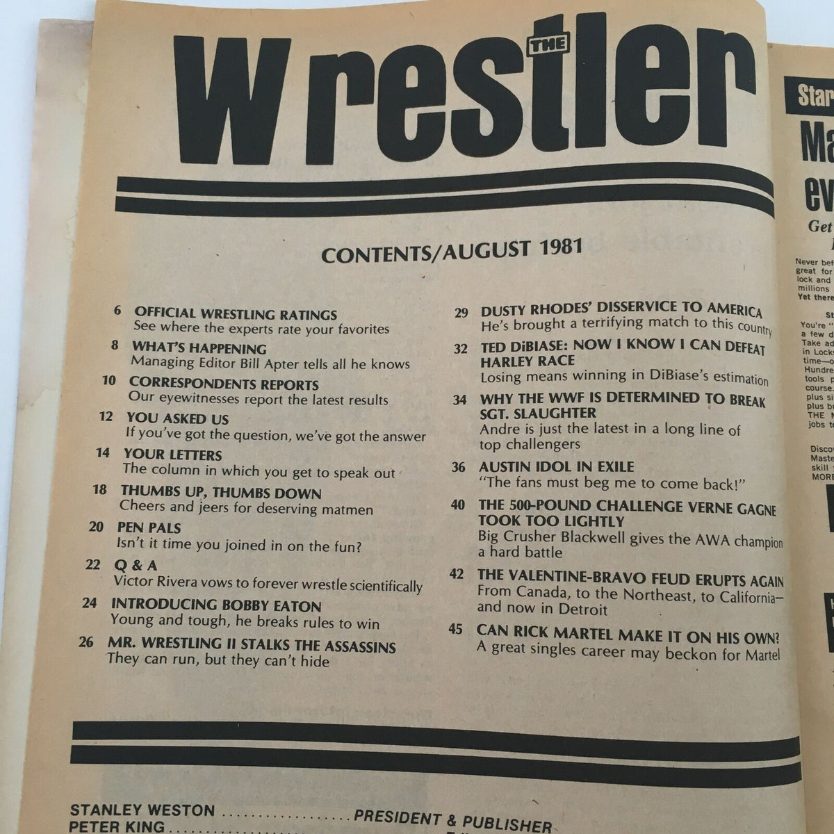 Table of contents page from The Wrestler Magazine August 1981 detailing upcoming articles and features related to wrestling events.