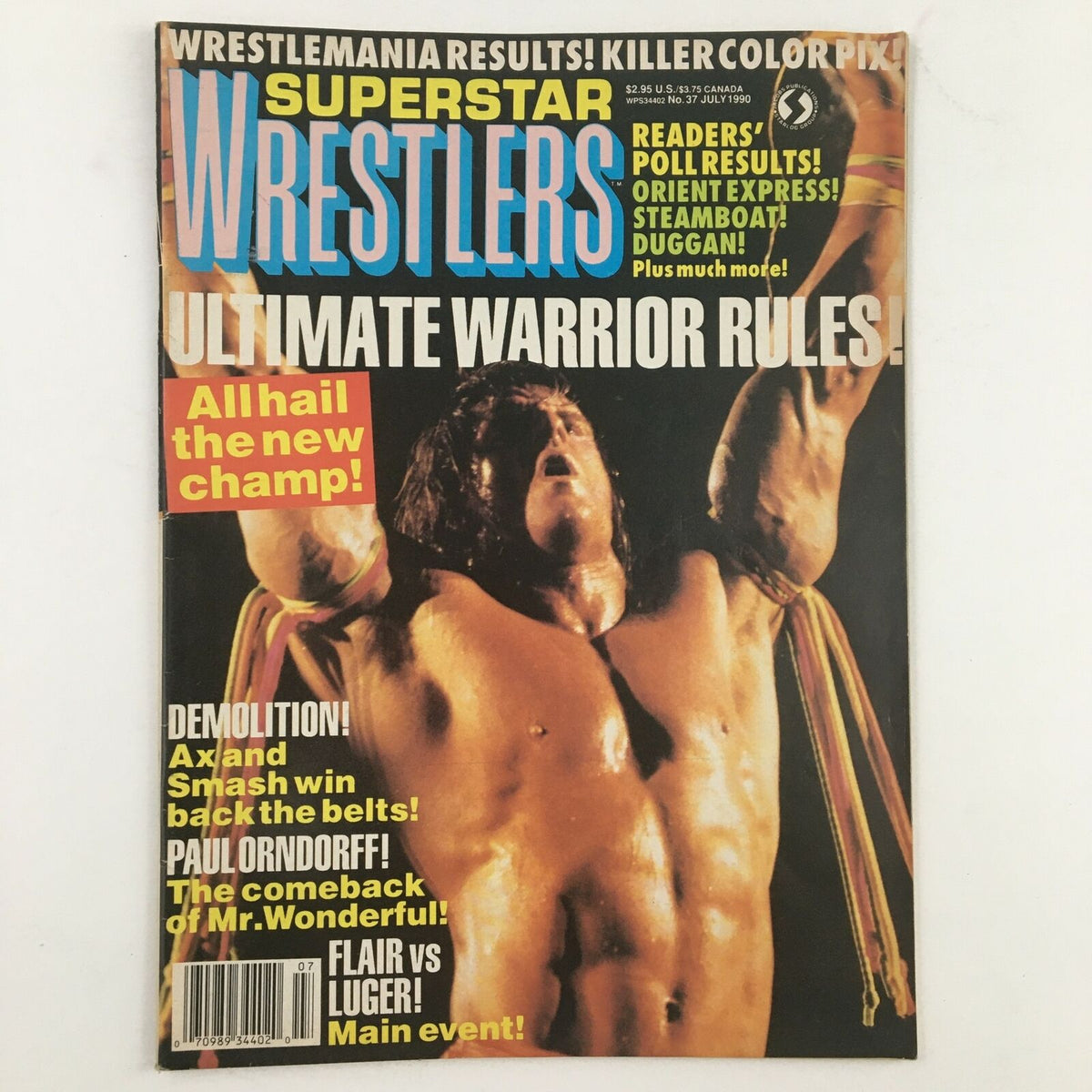 Cover of Superstar Wrestlers Magazine July 1990 featuring The Ultimate Warrior, celebrating his championship win with the headline 'All hail the new champ!' highlighting key wrestling events of the era.