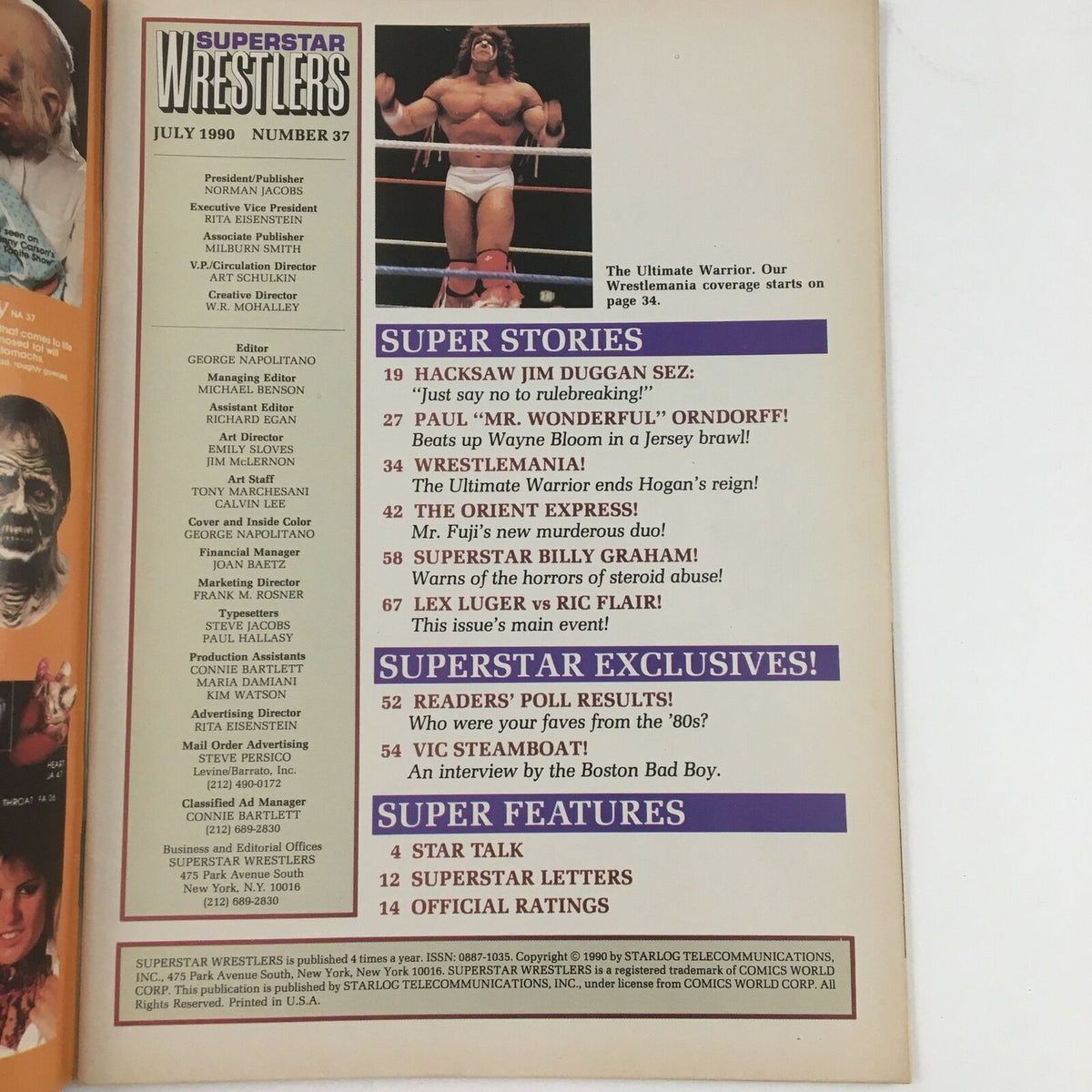 Back cover of Superstar Wrestlers Magazine July 1990, listing super stories and exclusive features, including wrestling highlights and iconic wrestlers of the time.