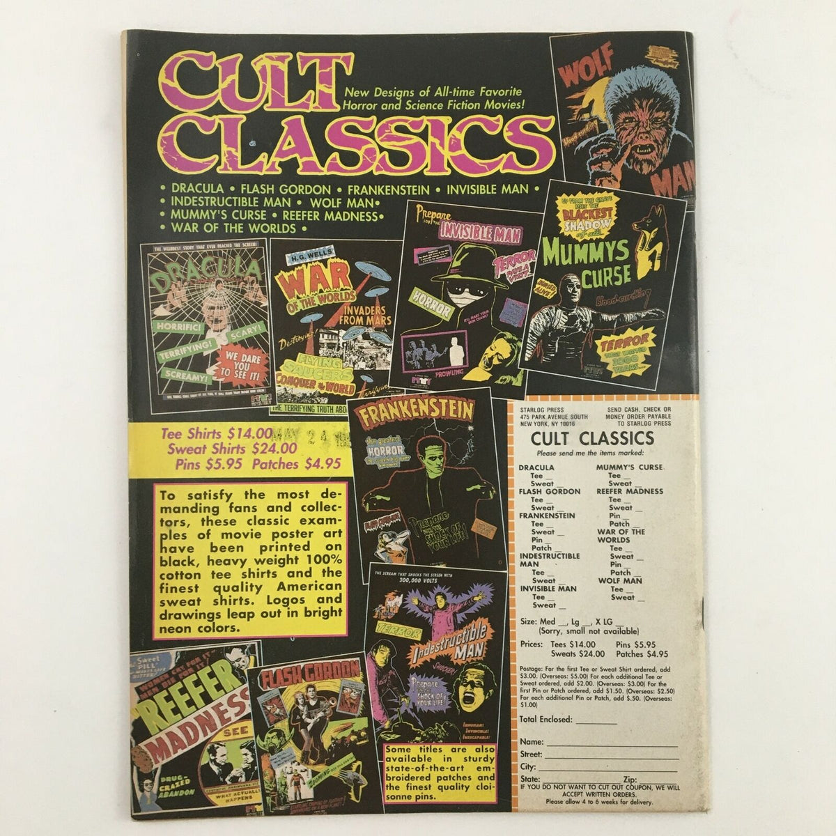 Cult Classics magazine cover showcasing designs inspired by classic horror and science fiction movies, featuring iconic titles and vibrant graphics.