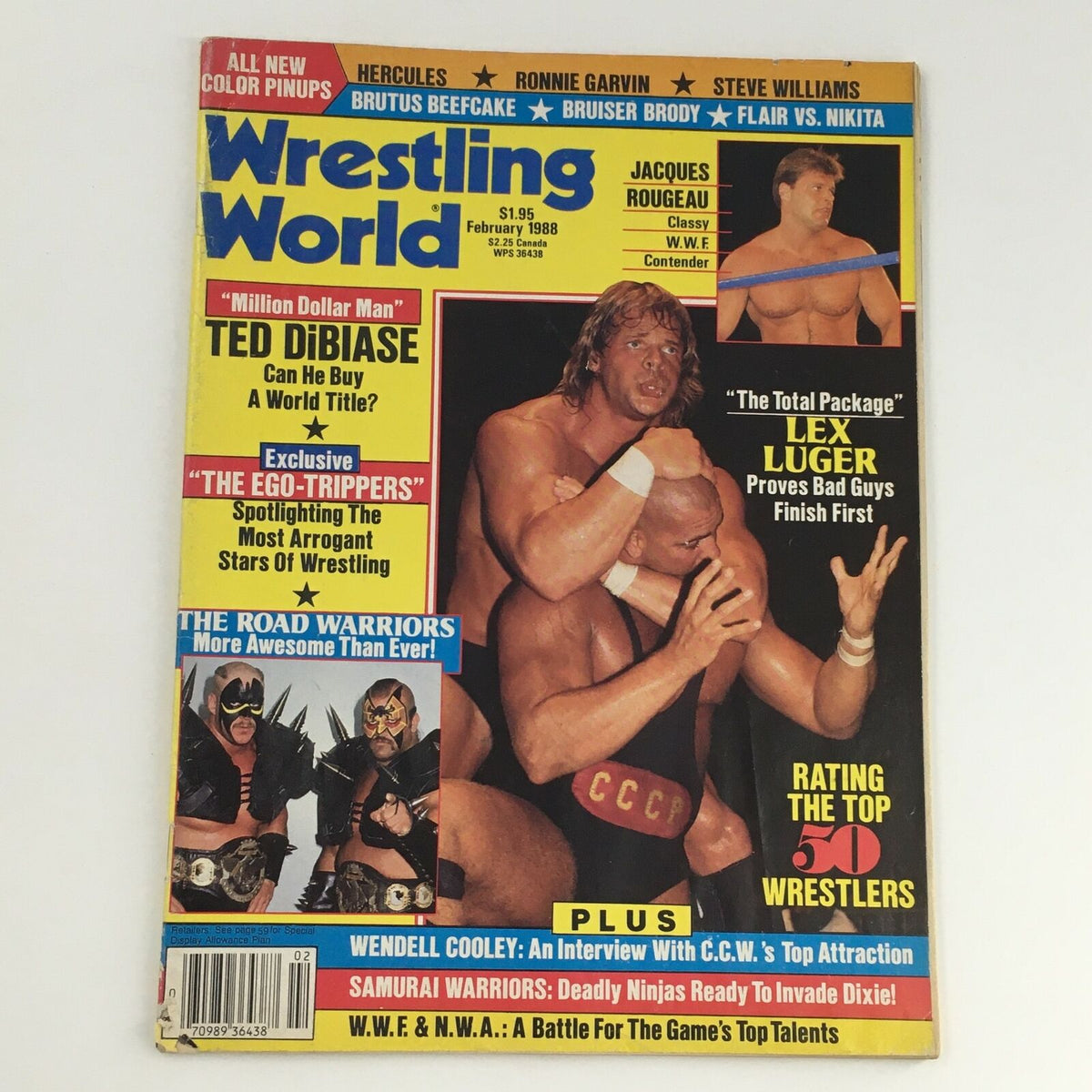 Cover of Wrestling World Magazine February 1988 featuring Lex Luger and Ted DiBiase, highlighting wrestling articles and iconic wrestlers.