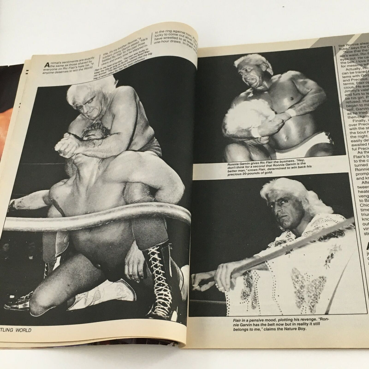 Another interior page of Wrestling World Magazine February 1988 featuring action shots of wrestlers and commentary about wrestling events.