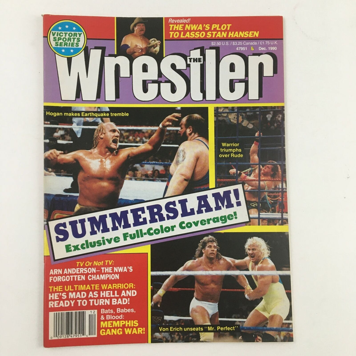 The Wrestler Magazine December 1990 cover featuring Hulk Hogan making Earthquake tremble, showcasing wrestling highlights and featured articles.