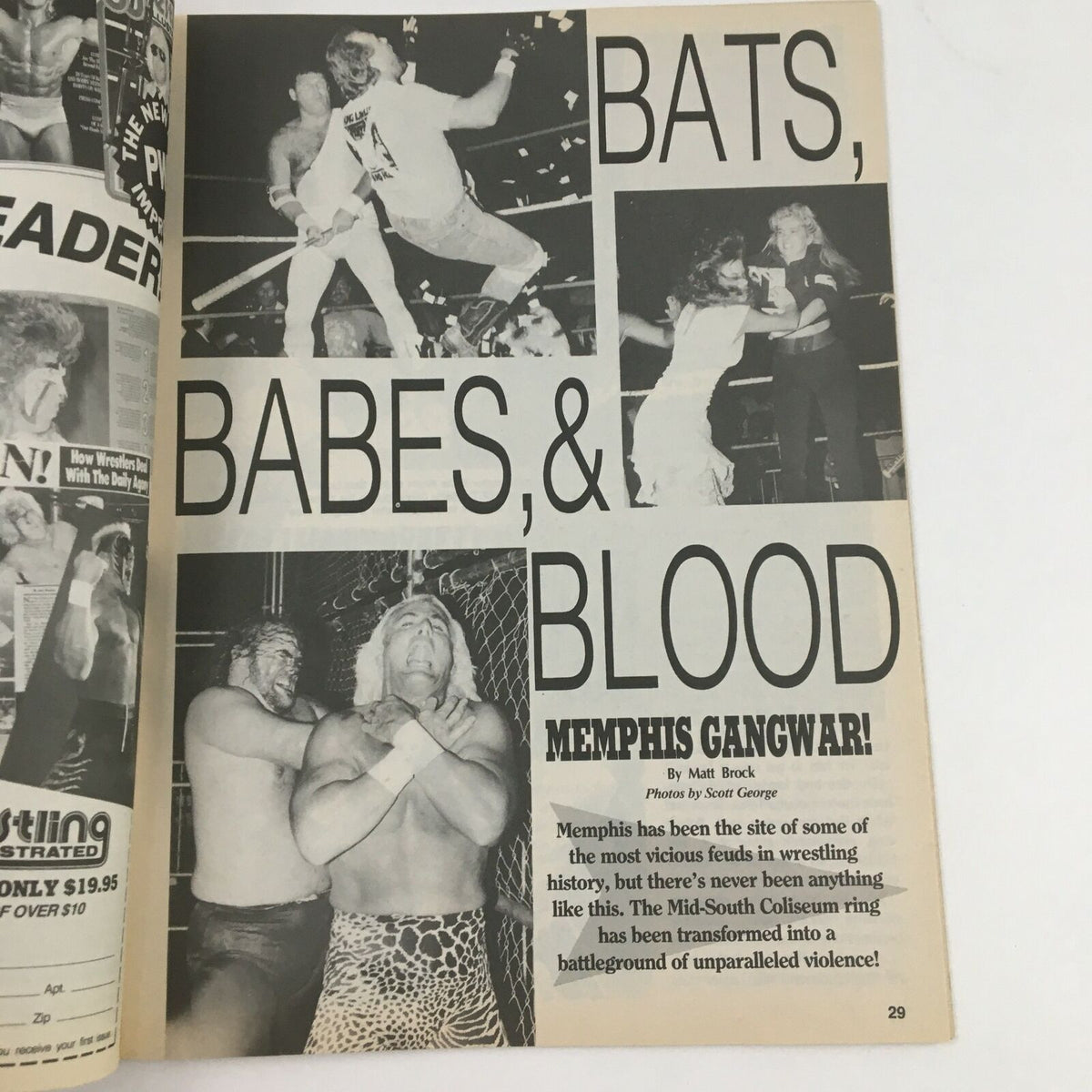 Interior page of The Wrestler Magazine December 1990 titled 'Bats, Babes, & Blood: Memphis Gangwar,' highlighting wrestling action.