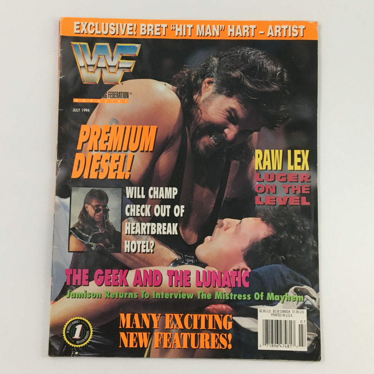 WWF Magazine July 1994 cover featuring Diesel and Lex Luger, with headlines promoting wrestling features and interviews.