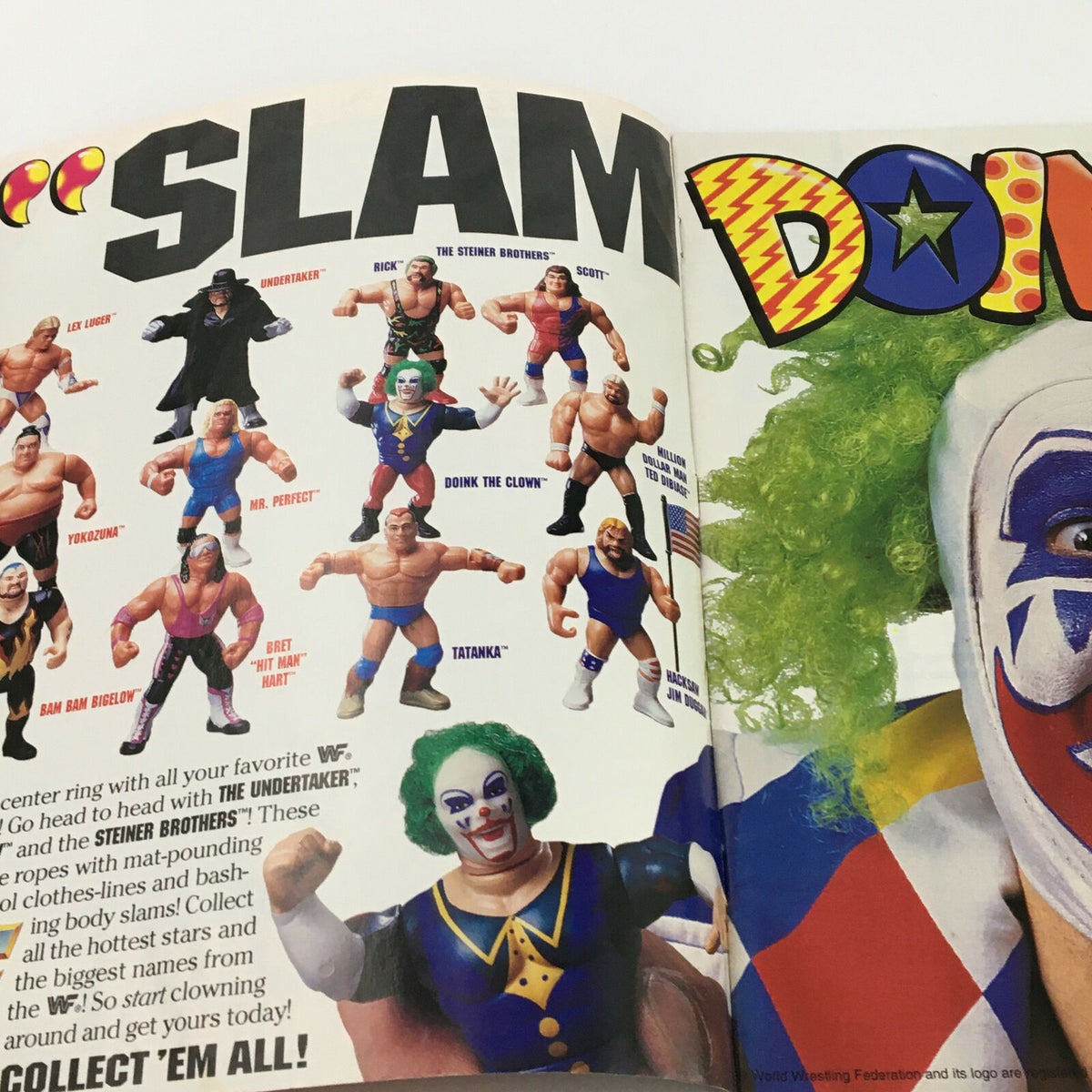 Inside page of WWF Magazine July 1994 showcasing wrestling action figures including Lex Luger and Doink the Clown.