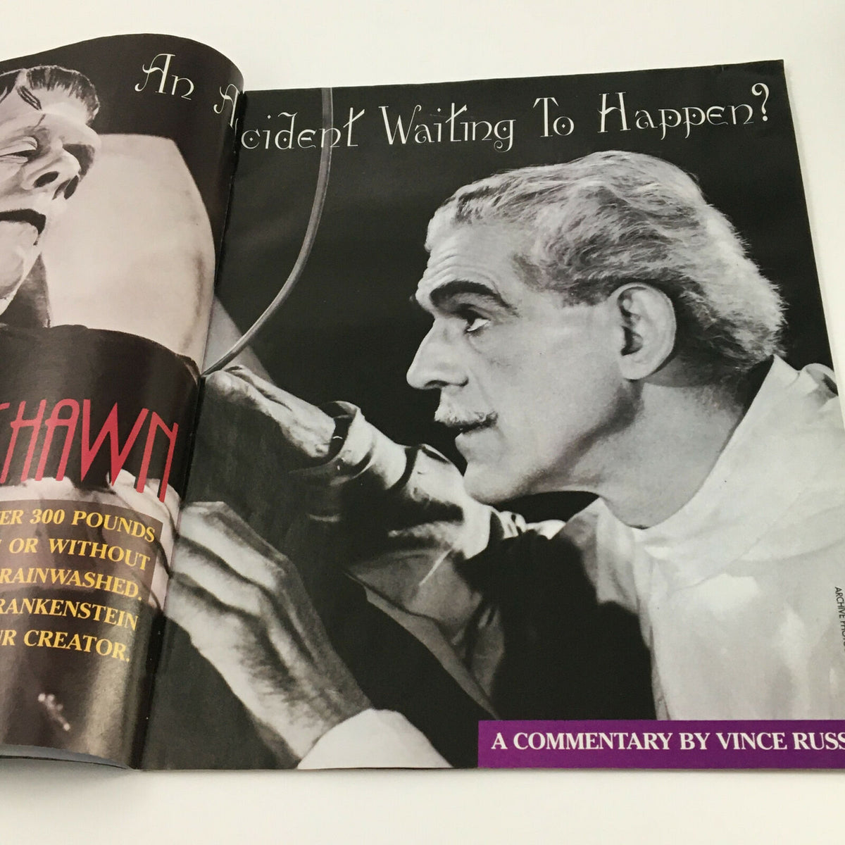 WWF Magazine July 1994 commentary page titled 'An Accident Waiting To Happen?' featuring classic horror themes and commentary by Vince Russo.