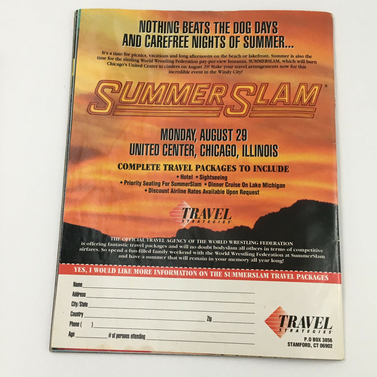 Promotional advertisement for WWF SummerSlam, featuring travel packages and event details, Monday, August 29, United Center, Chicago, Illinois, as seen in WWF Magazine July 1994.