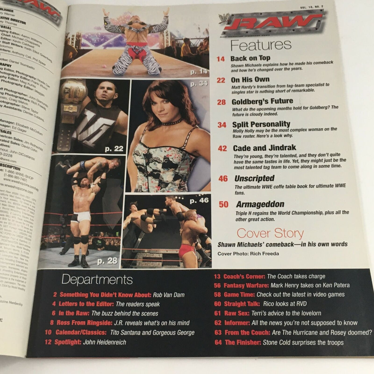 Interior page of WWE Raw Magazine February 2004 showcasing features including highlights on wrestlers and the return of Shawn Michaels after a significant hiatus.