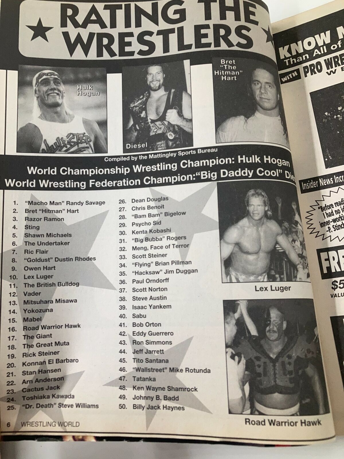 Wrestling World April 1996 issue featuring Hulk Hogan, Diesel, Bret 'The Hitman' Hart, and a list of ranked wrestlers including Razor Ramon, Shawn Michaels, and Road Warrior Hawk. This magazine captures pivotal moments in 90s wrestling history.