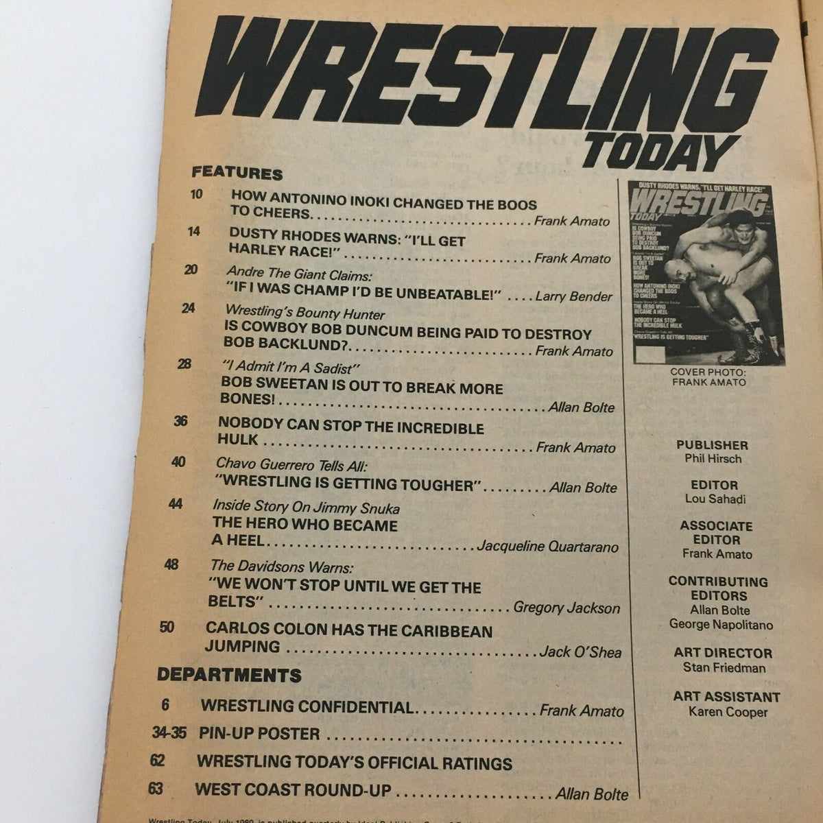 Inside page of Wrestling Today Magazine 1980 #15, listing features including articles on Antonino Inoki, Bob Sweetan, and wrestling events.