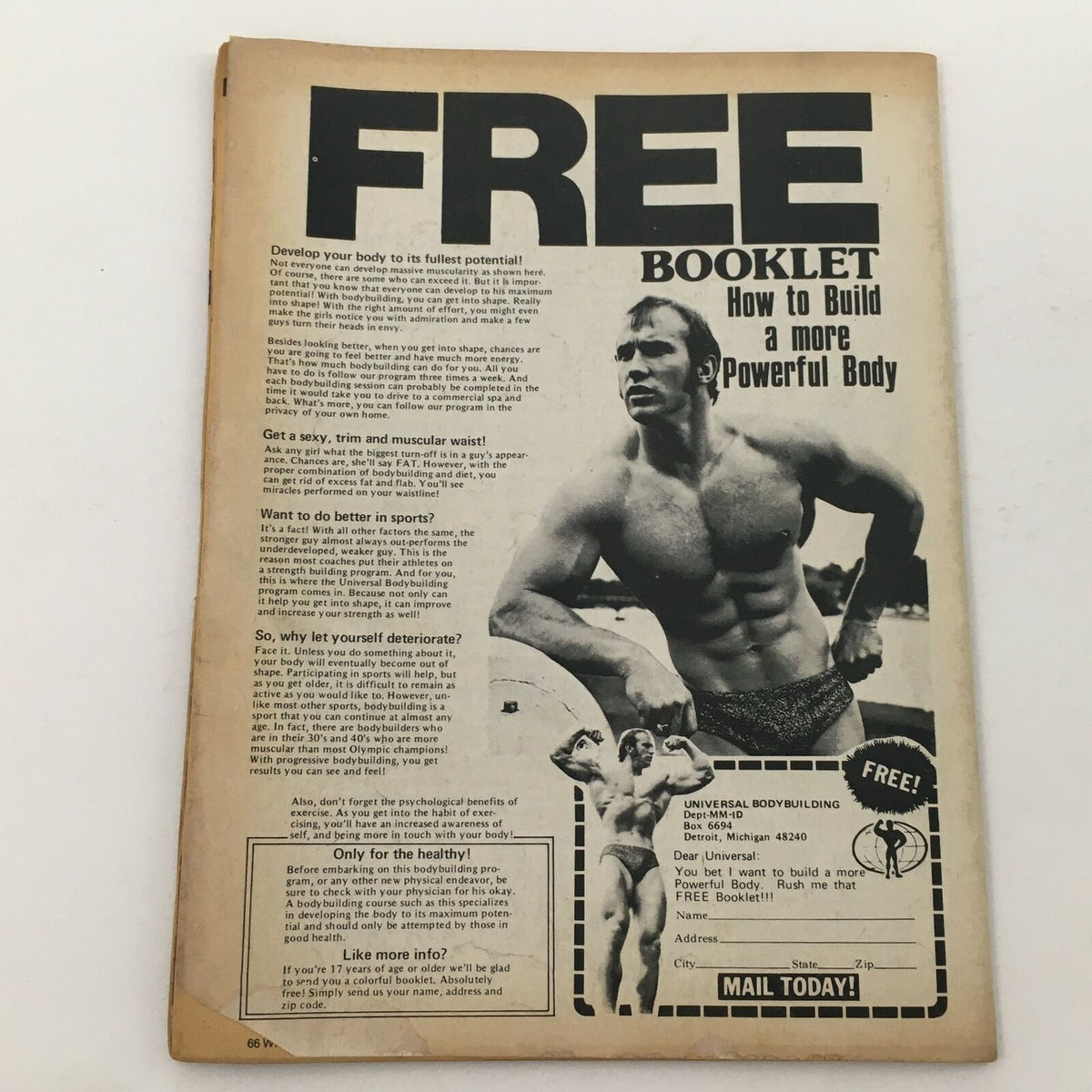 Back cover of Wrestling Today Magazine 1980 #15 promoting a free bodybuilding booklet, featuring fitness tips and muscle building information.