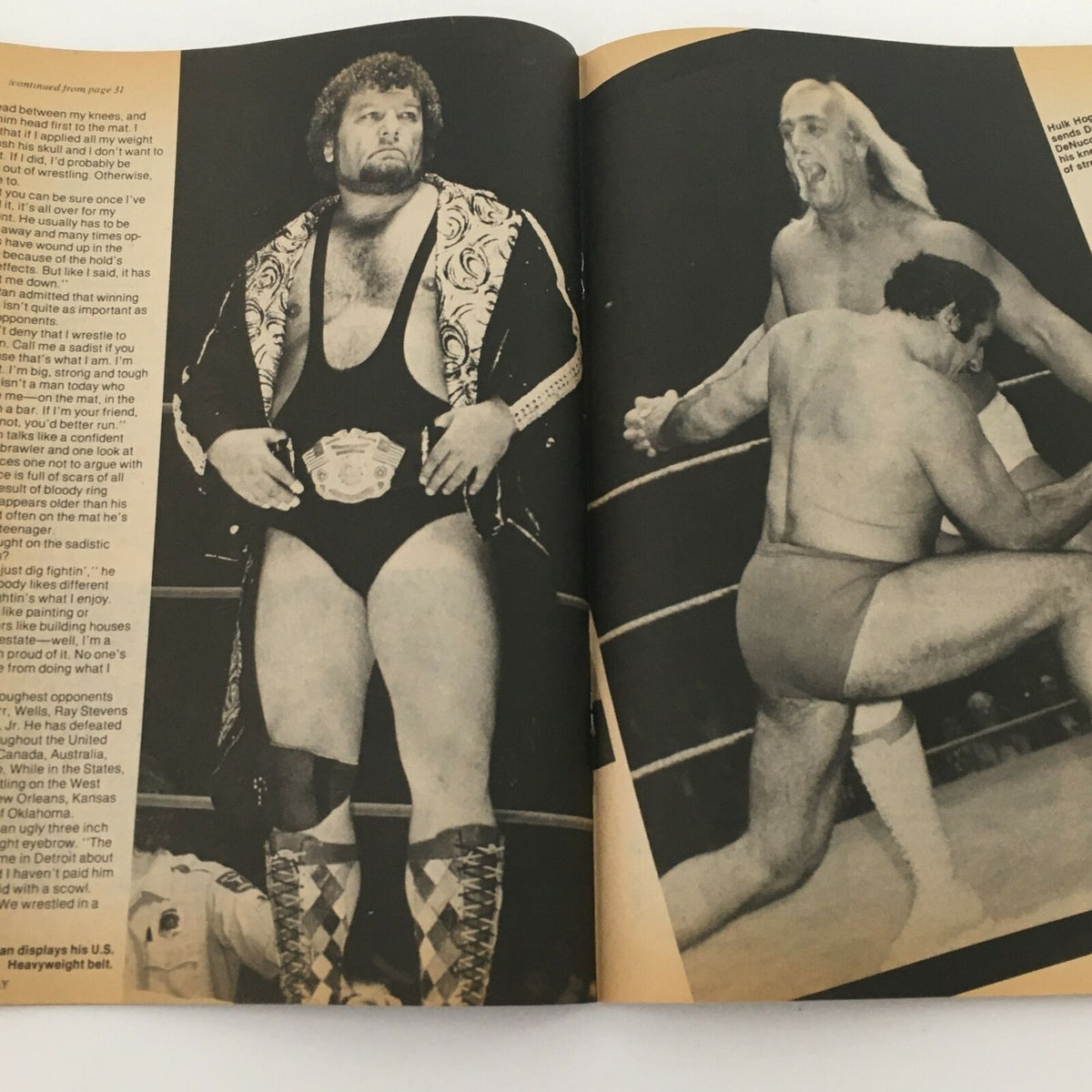 Inside page of Wrestling Today Magazine 1980 #15 showcasing two wrestlers in action, one displaying a championship belt. This photo adds to the nostalgic vibe of the magazine, capturing the spirit of the wrestling scene from the 1980s.