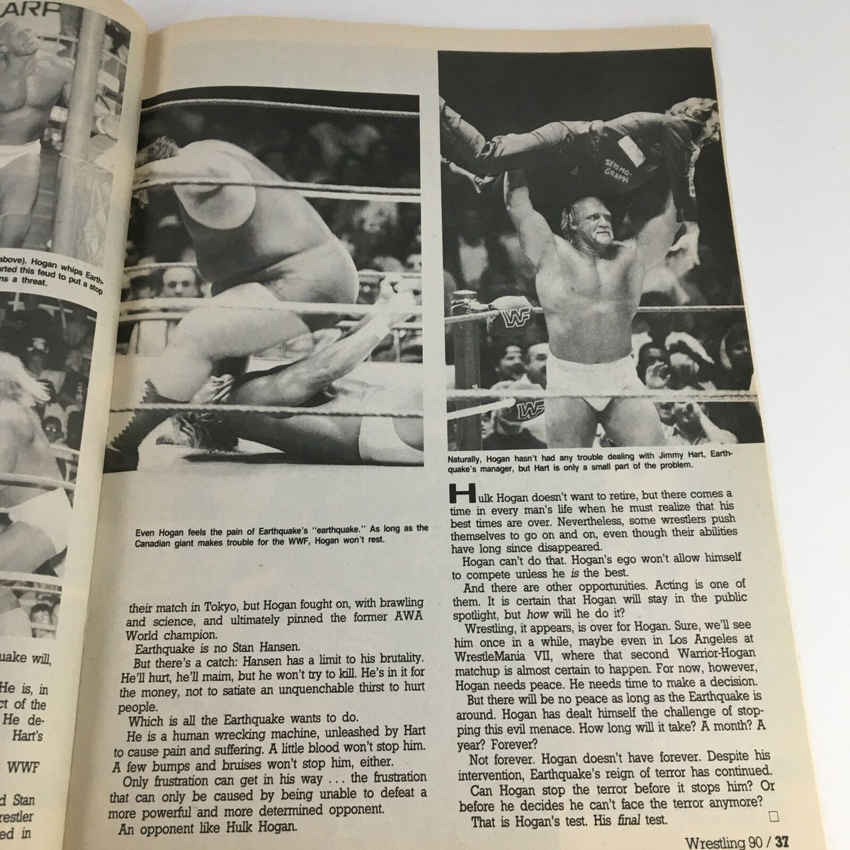 Wrestling Magazine Fall 1990 featuring Hulk Hogan vs The Earthquake, pages showing Hulk Hogan in action against Earthquake during their iconic rivalry.