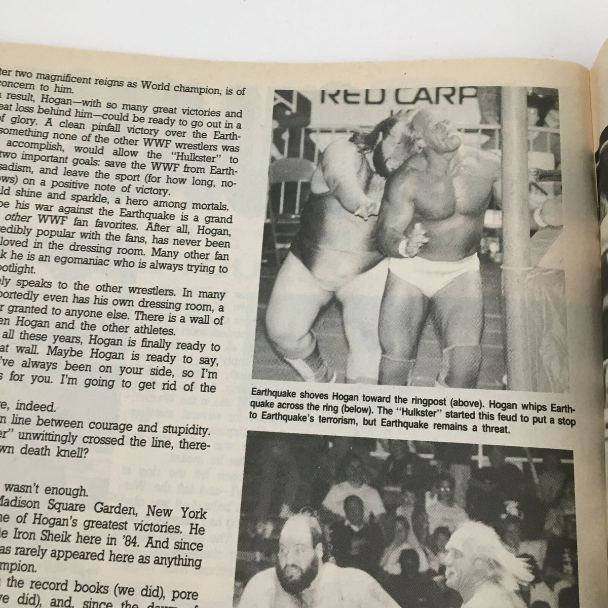 Wrestling Magazine Fall 1990 depicting Hulk Hogan battling Earthquake, with visuals of their struggle in the ring and insights into their wrestling rivalry.