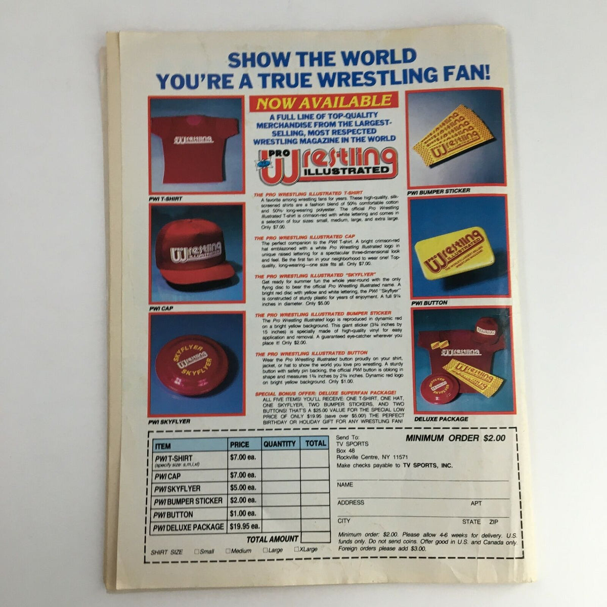 Wrestling Magazine Fall 1990, showcasing merchandise advertisement on the back cover, promoting products for wrestling fans including t-shirts and caps.
