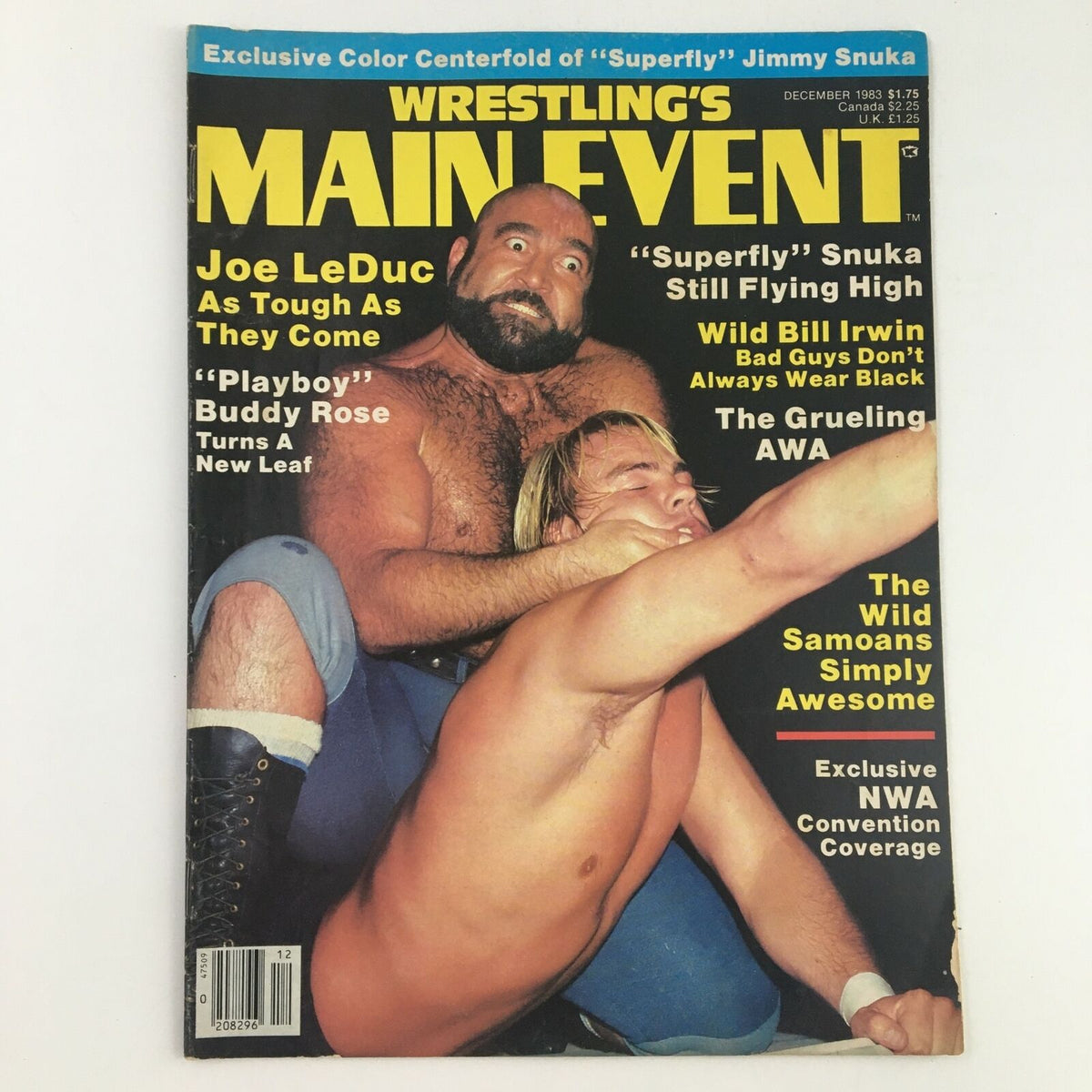 Cover of Wrestling's Main Event December 1983 featuring Joe LeDuc and Jimmy Snuka in action, highlighting their iconic rivalry.