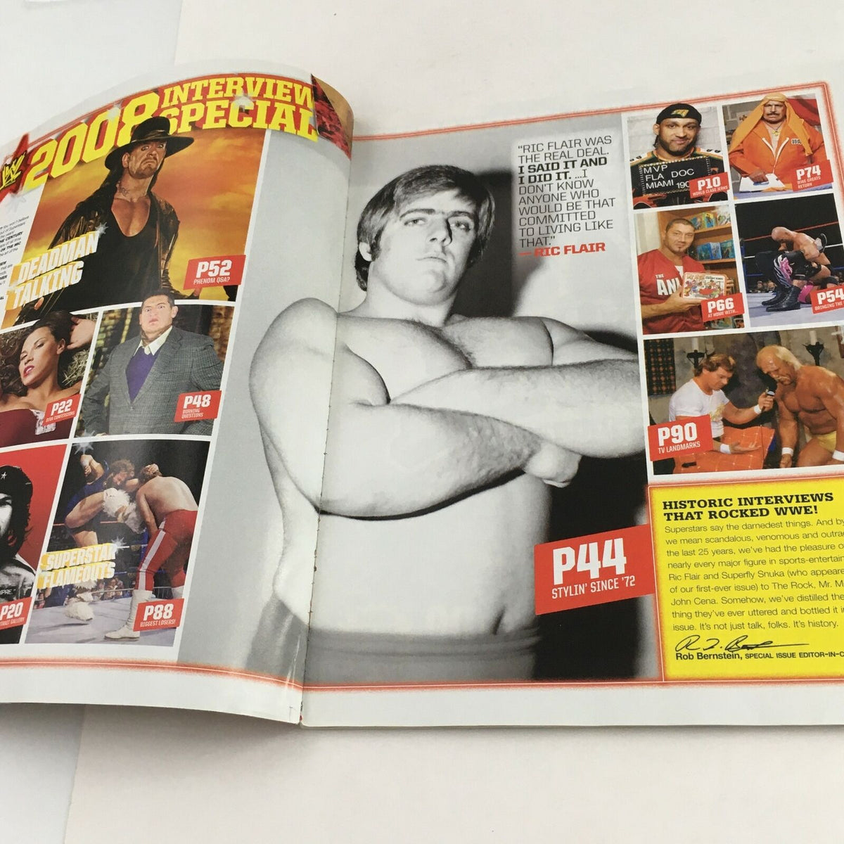 Interior page of WWE Magazine 2008 with an 'Interview Special' featuring wrestling legends including Ric Flair, detailing historic wrestling interviews.