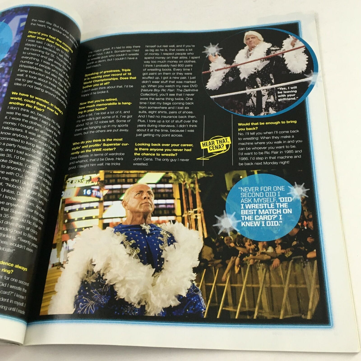 Inside page of WWE Magazine 2008, titled 'The 300 Greatest WWE Stories Ever Told,' showcasing Ric Flair in a colorful outfit and discussing his wrestling career.