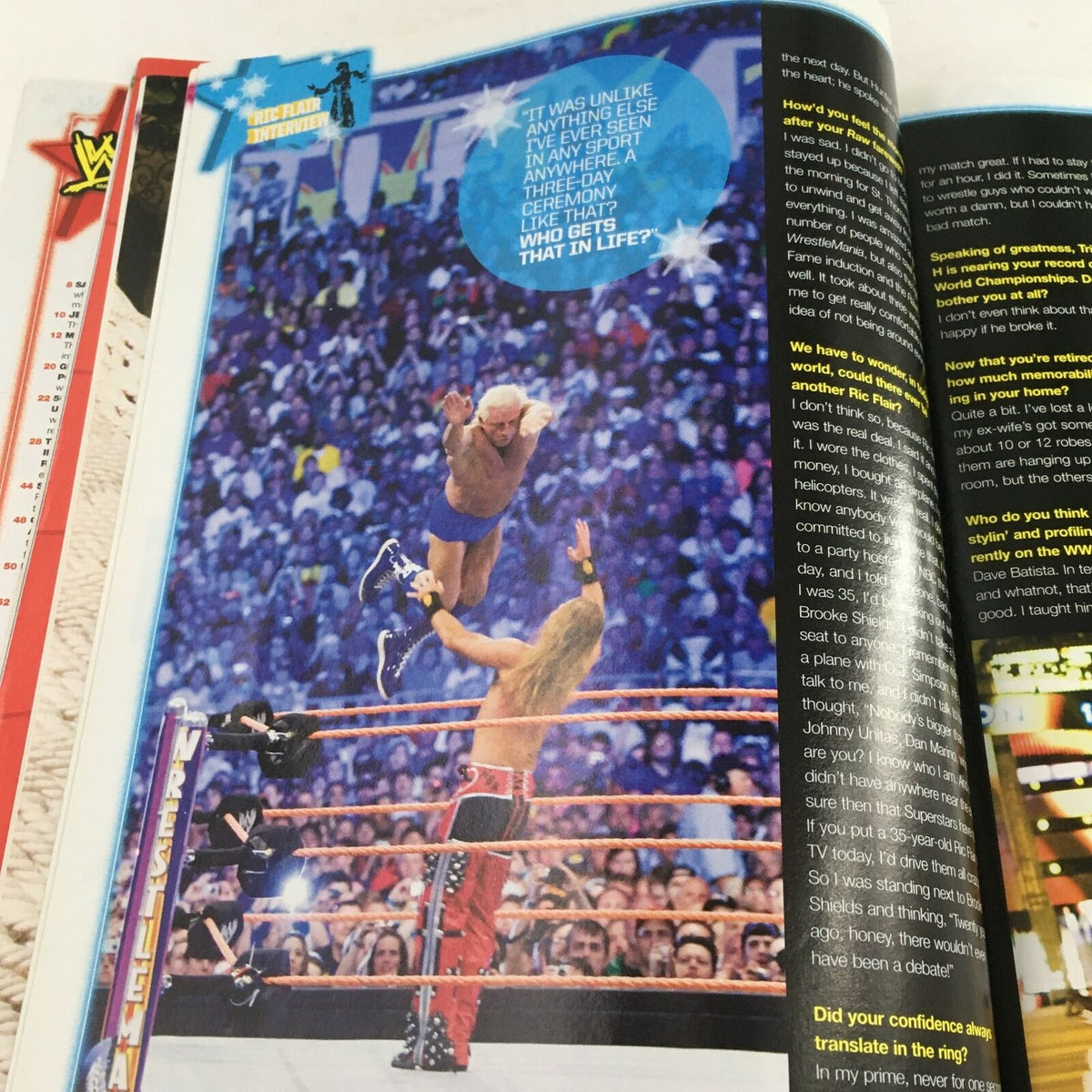 Inside page of WWE Magazine 2008, titled 'The 300 Greatest WWE Stories Ever Told,' featuring a dynamic image of a wrestling match with Ric Flair in action.