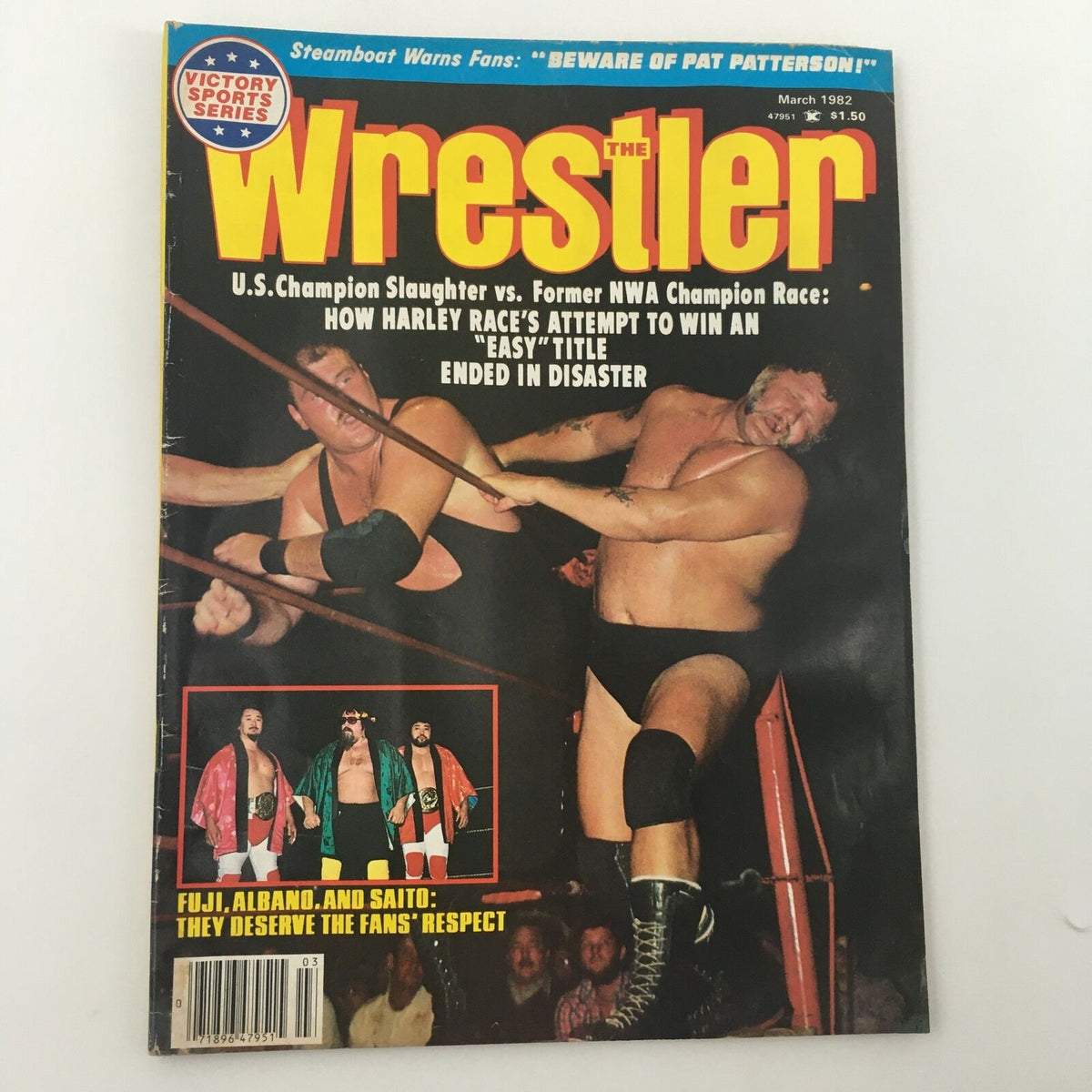 Cover of The Wrestler Magazine from March 1982, featuring Champion Sgt. Slaughter in a match against NWA Champion Harley Race, showcasing thrilling wrestling rivalry.