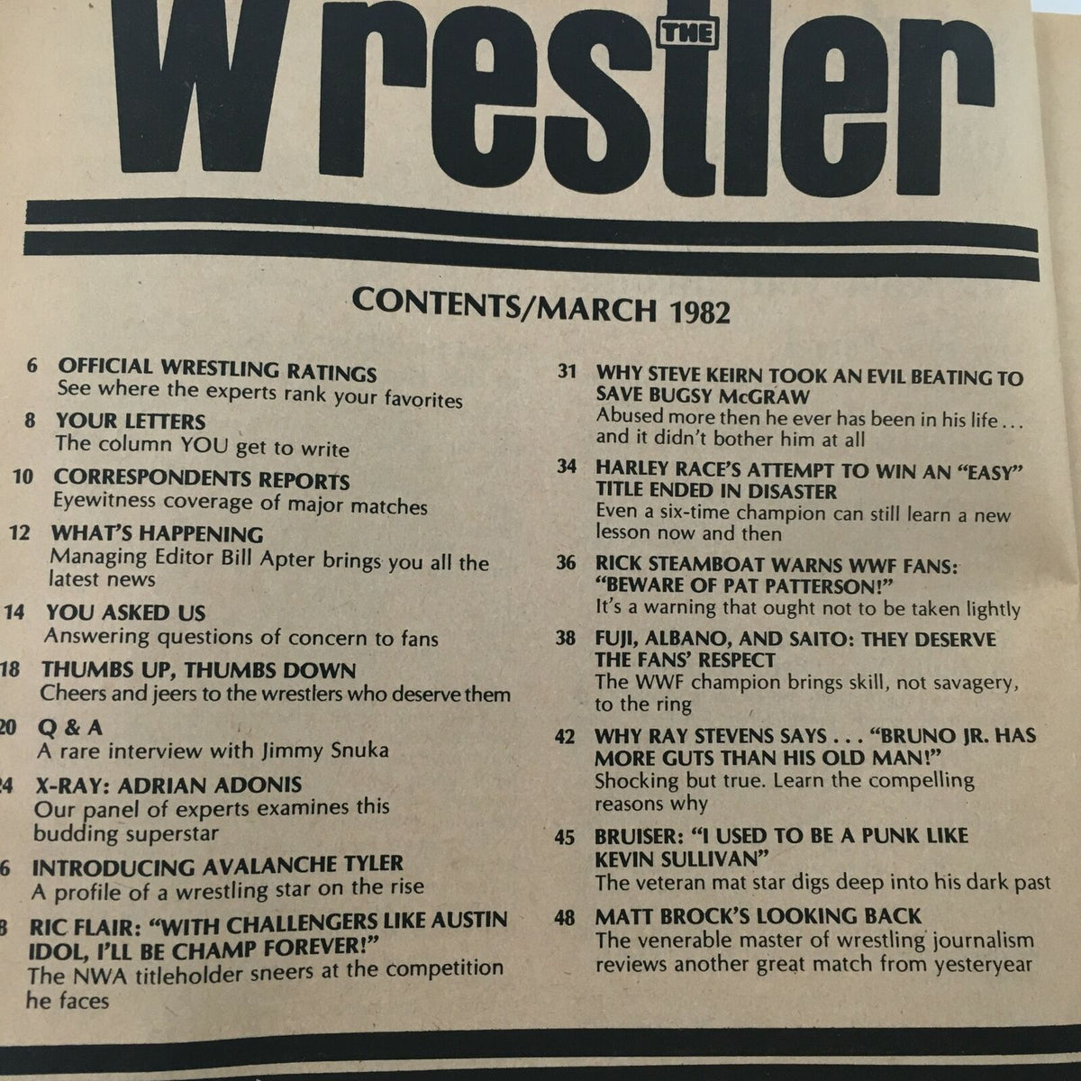Contents page of The Wrestler Magazine, March 1982, detailing articles including Harley Race's title challenges and wrestling ratings.