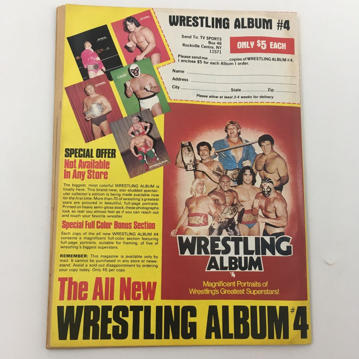 Back cover of The Wrestler Magazine featuring Wrestling Album #4 promotional advertisement, highlighting colorful portraits of wrestling's greatest superstars.