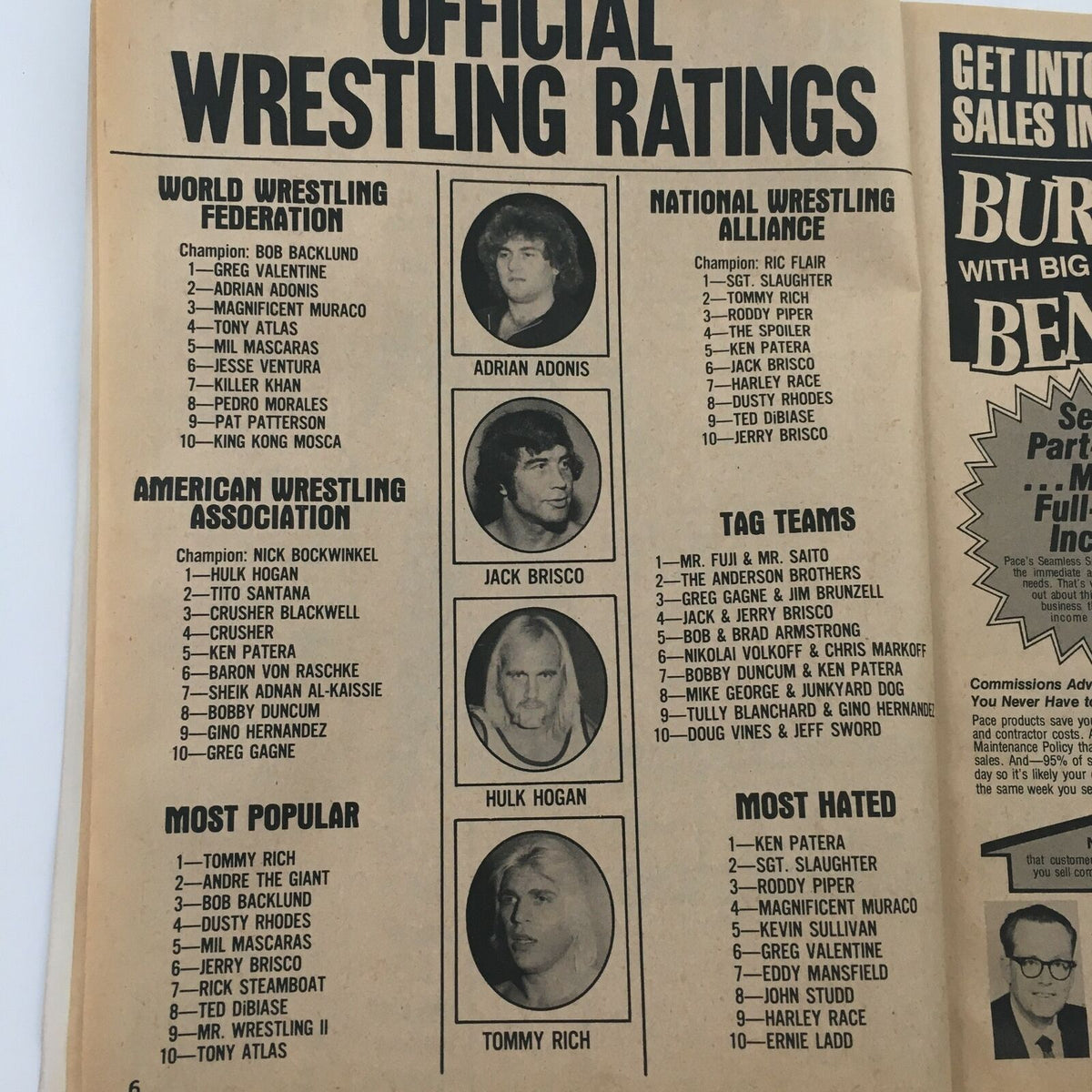 Official wrestling ratings page from The Wrestler Magazine March 1982, showcasing rankings of wrestlers including Sgt. Slaughter and Harley Race. Highlights include champions and most popular wrestlers.
