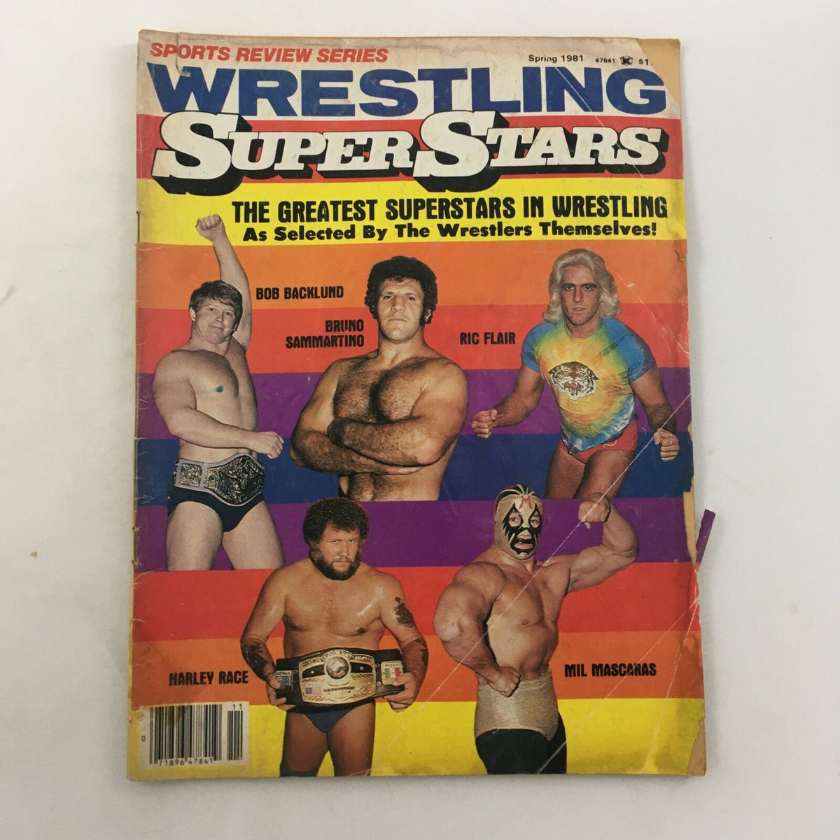 Wrestling Super Stars Magazine Spring 1981 cover featuring iconic wrestlers Bob Backlund, Andre the Giant, Ric Flair, Harley Race, and Mil Máscaras.