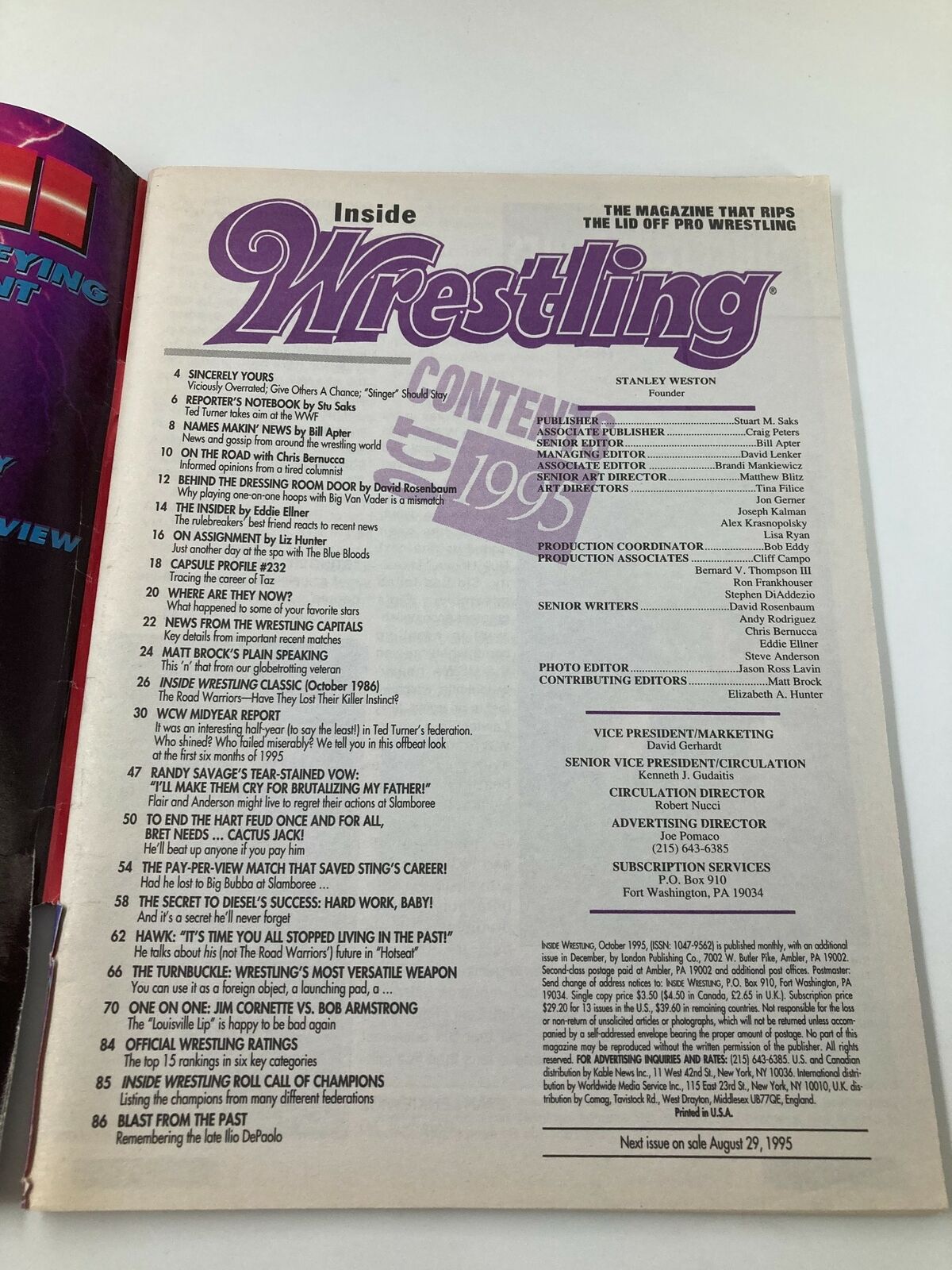 Inside Wrestling Magazine October 1995, featuring the table of contents with notable articles, interviews, and highlights from iconic wrestling stars like Hulk Hogan, Sting, and Randy Savage.