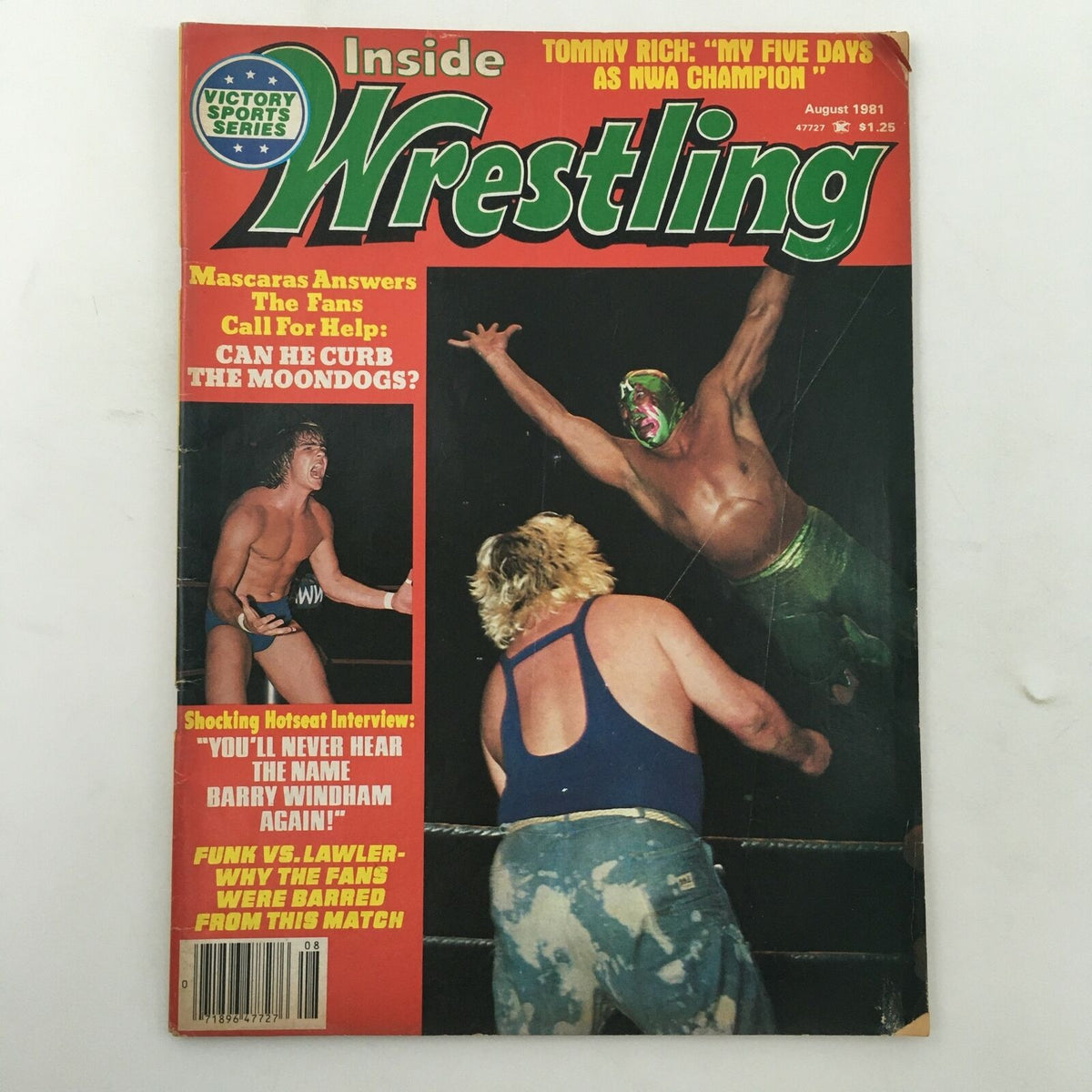 Cover of Inside Wrestling Magazine August 1981 featuring Terry Funk vs Jerry Lawler, showcasing wrestling action and a vibrant color layout.