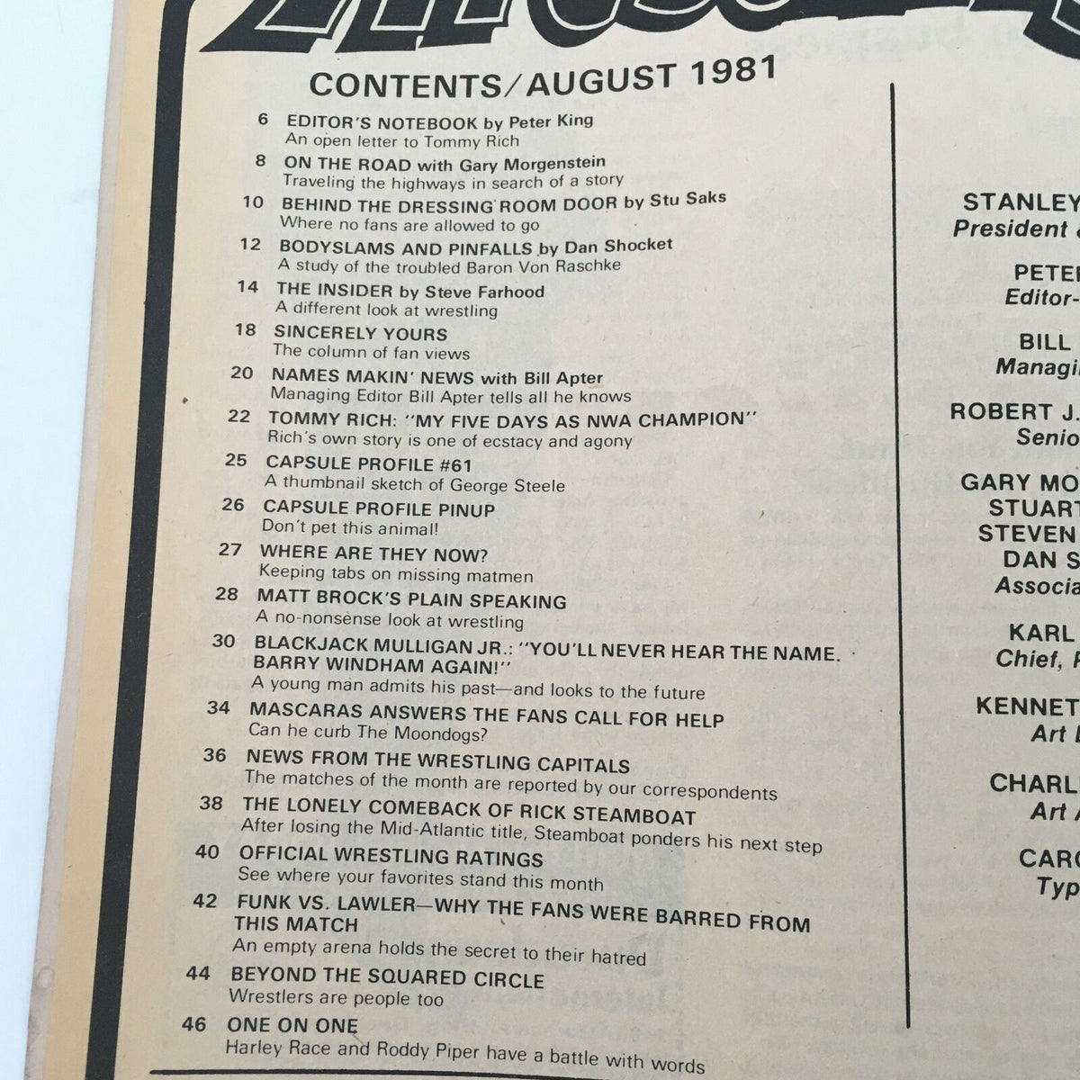 Contents page of Inside Wrestling Magazine August 1981 detailing articles and features, including profiles and interviews related to wrestling.