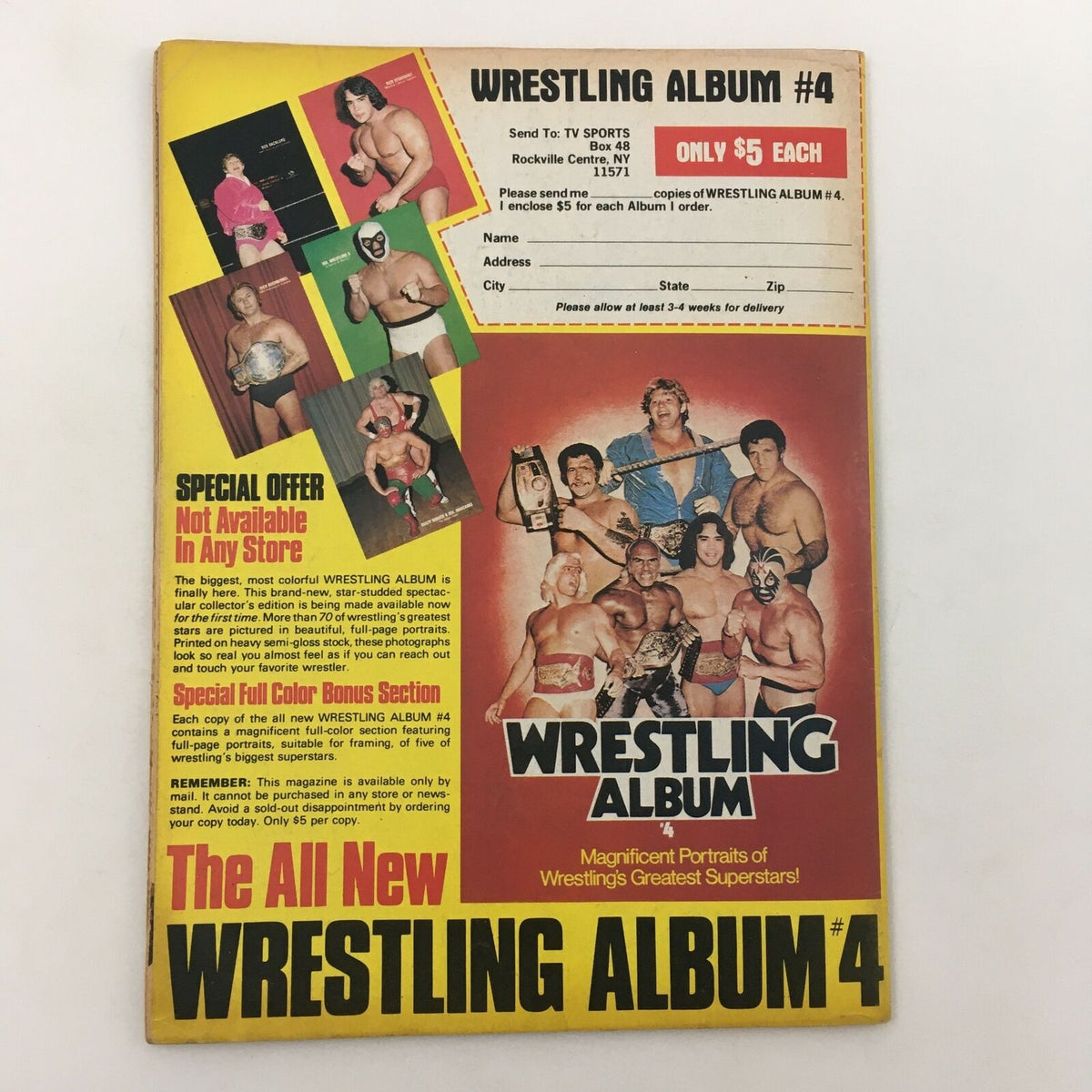 Back cover of Inside Wrestling Magazine August 1981 promoting Wrestling Album #4 with various wrestling superstars, colorful design and special offer details.