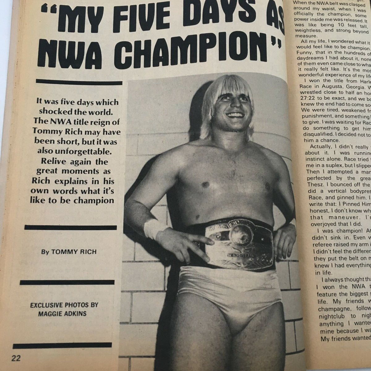 Tommy Rich featured article page in Inside Wrestling Magazine August 1981 reflecting on his days as NWA Champion, with an exclusive photo.