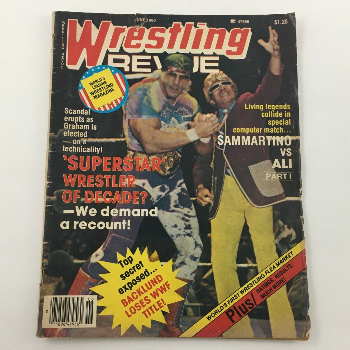 Wrestling Revue Magazine June 1980 featuring Bruno Sammartino and Muhammad Ali, highlighting their legendary clash. The cover showcases colorful graphics and bold headlines, capturing the thrilling spirit of professional wrestling.