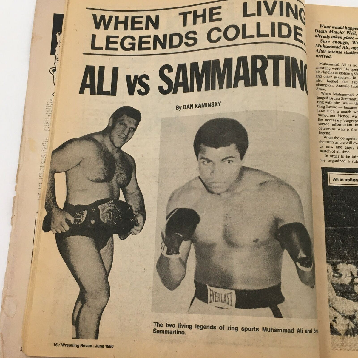 Feature article page from Wrestling Revue Magazine June 1980 titled 'When the Living Legends Collide' showcasing images of Bruno Sammartino and Muhammad Ali, detailing their epic rivalry.