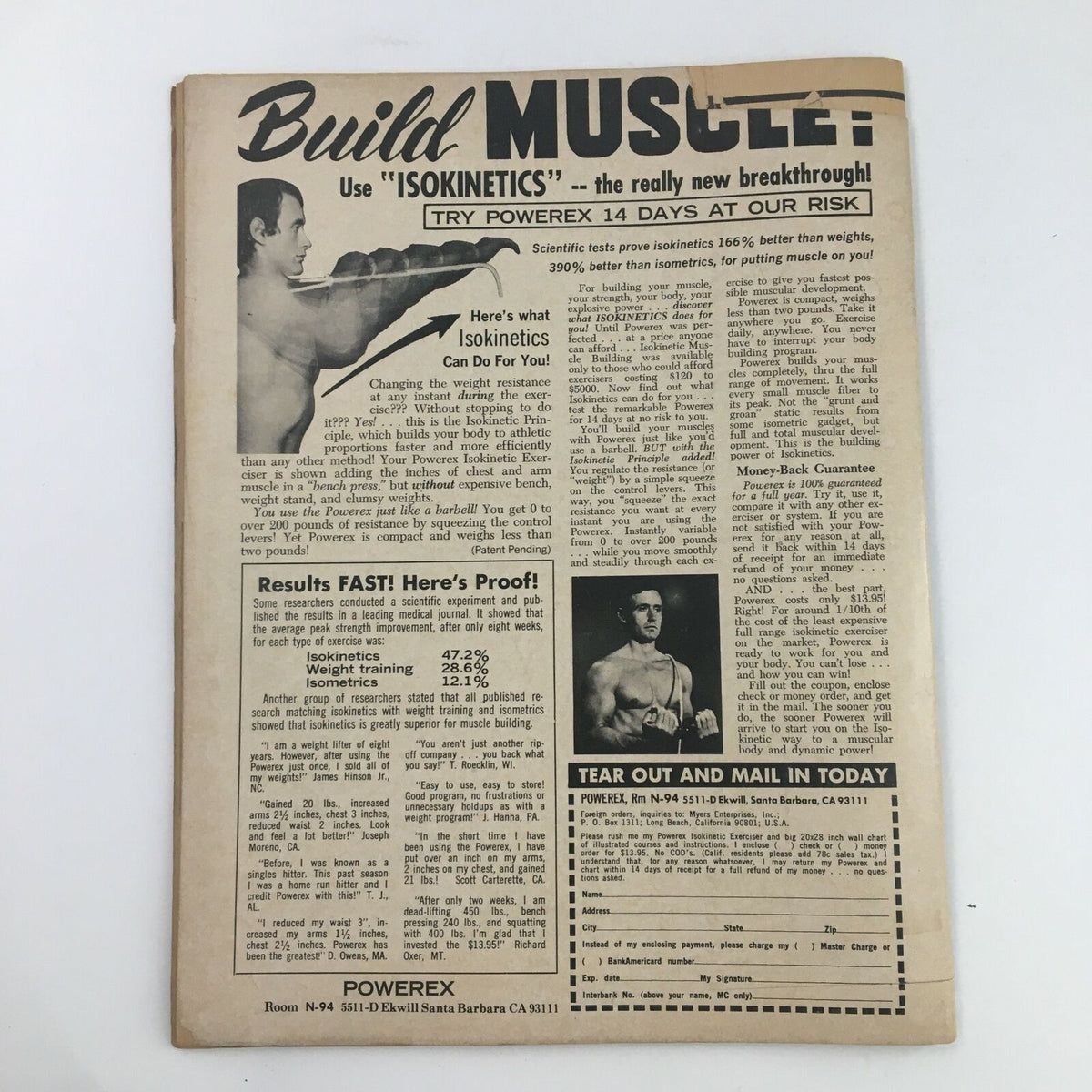 Advertise for muscle building products in Wrestling Revue Magazine, October 1974, promoting the benefits of 'Isokinetics' as a new training method.