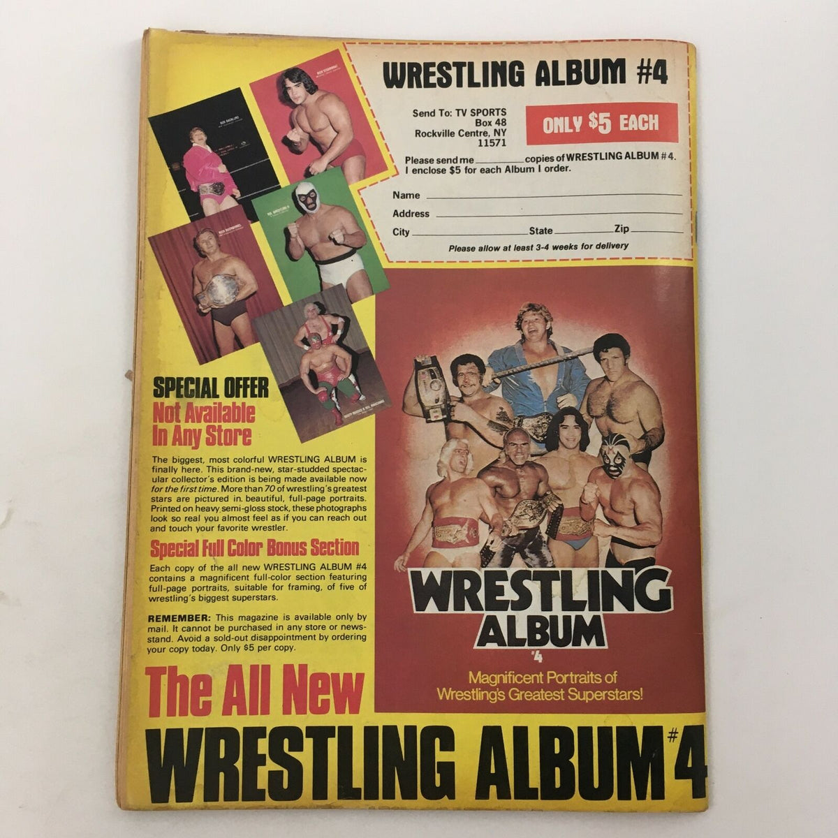 Back cover of Wrestling Album #4, featuring various wrestling superstars and a special offer for collectors.