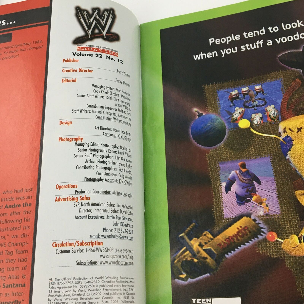 WWE Magazine December 2003, page showing publisher and editorial credits, showcasing details about the magazine's production.