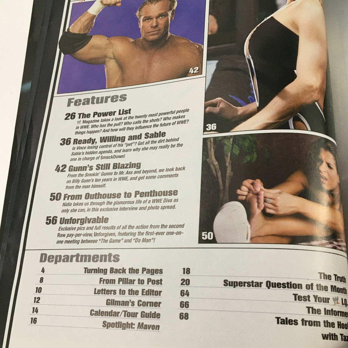 WWE Magazine December 2003, features page listing articles including 'The Power List,' highlighting wrestling personalities and stories.