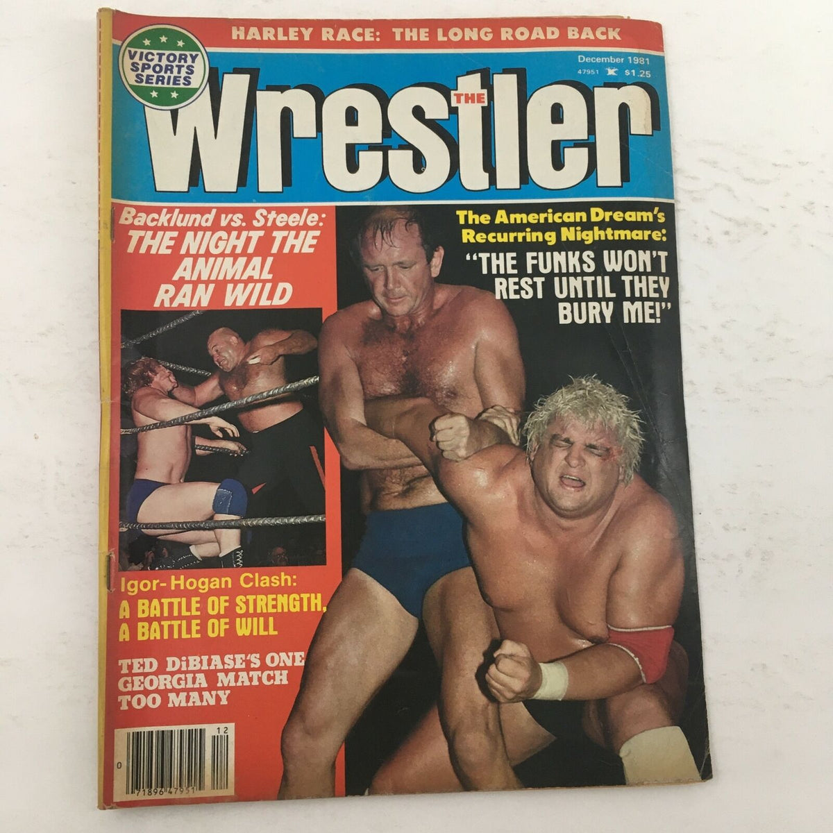 Cover of The Wrestler Magazine December 1981 featuring Mighty Igor and Hulk Hogan clash, showcasing wrestling action, with bold headlines about legendary matches and wrestling superstars.