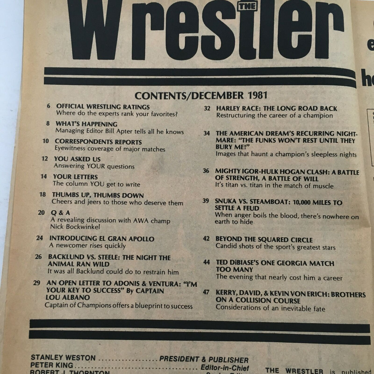 Contents page of The Wrestler Magazine December 1981 featuring articles on wrestling ratings, behind-the-scenes reports, and a key matchup between Mighty Igor and Hulk Hogan.