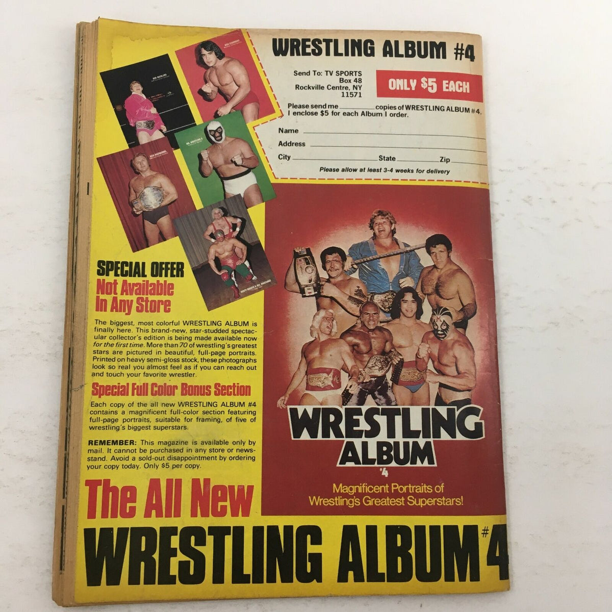 Back cover of The Wrestler Magazine December 1981 showing the special offer for Wrestling Album #4, highlighting wrestling superstars and collectors' items.