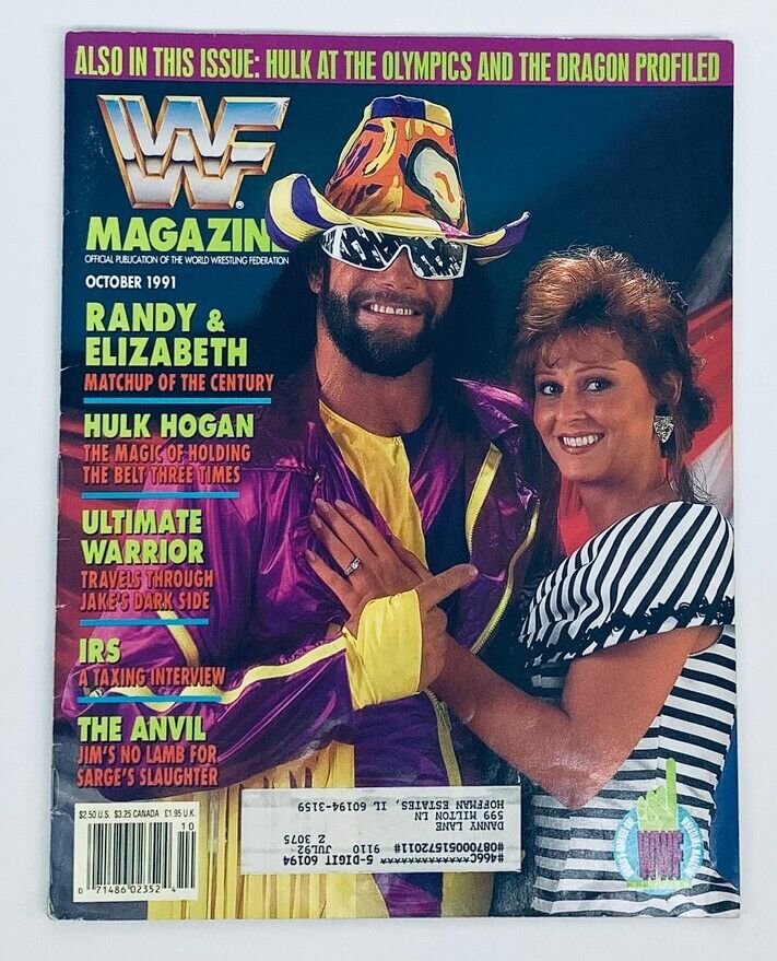 Cover of WWF World Wrestling Federation Magazine from October 1991 featuring Randy Savage in a vibrant outfit and sunglasses alongside Elizabeth. The magazine highlights the 'Matchup of the Century' alongside other wrestling icons like Hulk Hogan and Ultimate Warrior.