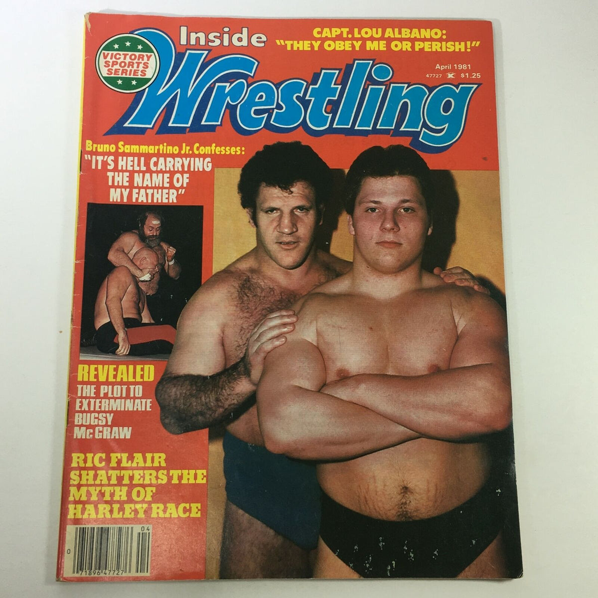 Cover of VTG Inside Wrestling Magazine April 1981 featuring Bruno Sammartino and Bugsy McGraw. The magazine showcases wrestling legends and highlights iconic matches from the golden era of professional wrestling.