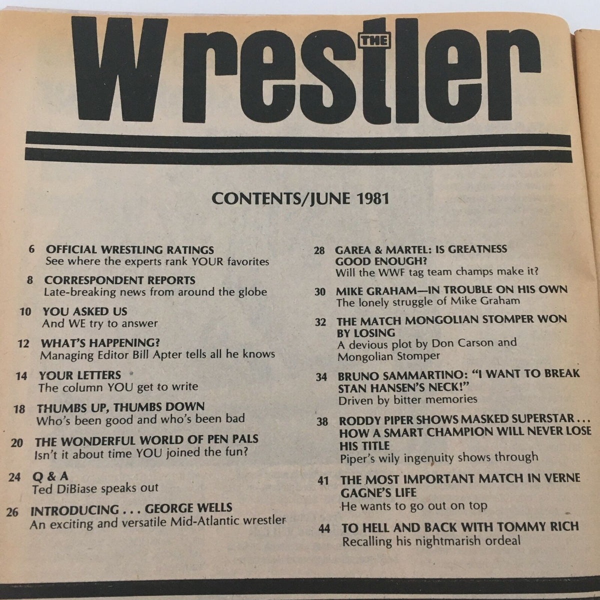 Table of contents from The Wrestler Magazine June 1981. Lists articles and features including wrestling ratings, interviews, and significant matches, showcasing the magazine's focus on professional wrestling history.