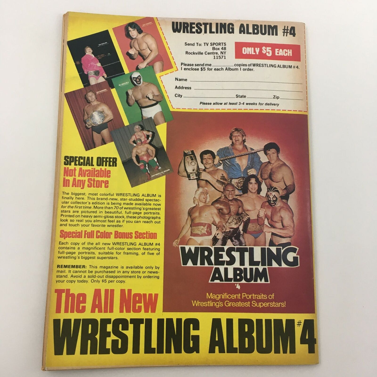 Back cover of The Wrestler Magazine June 1981 featuring a promotion for Wrestling Album #4. Highlights special offers and portraits of wrestling's greatest superstars, emphasizing the collectible nature of wrestling memorabilia.