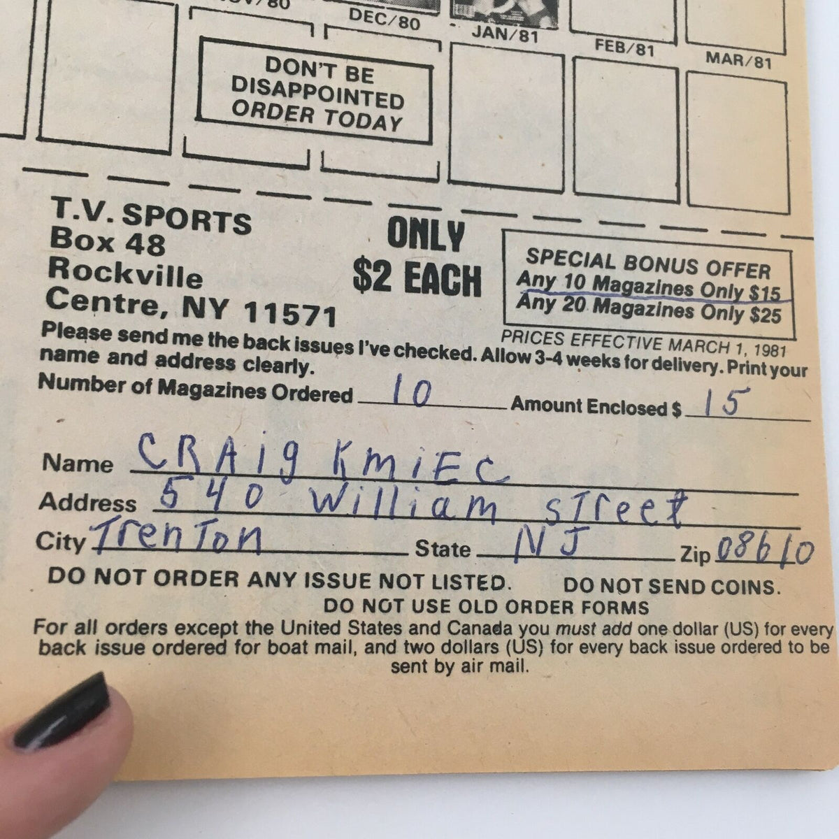 Order form from The Wrestler Magazine June 1981. Includes ordering details for past issues and memorabilia, reflecting the magazine's vintage appeal and connection to wrestling fans.