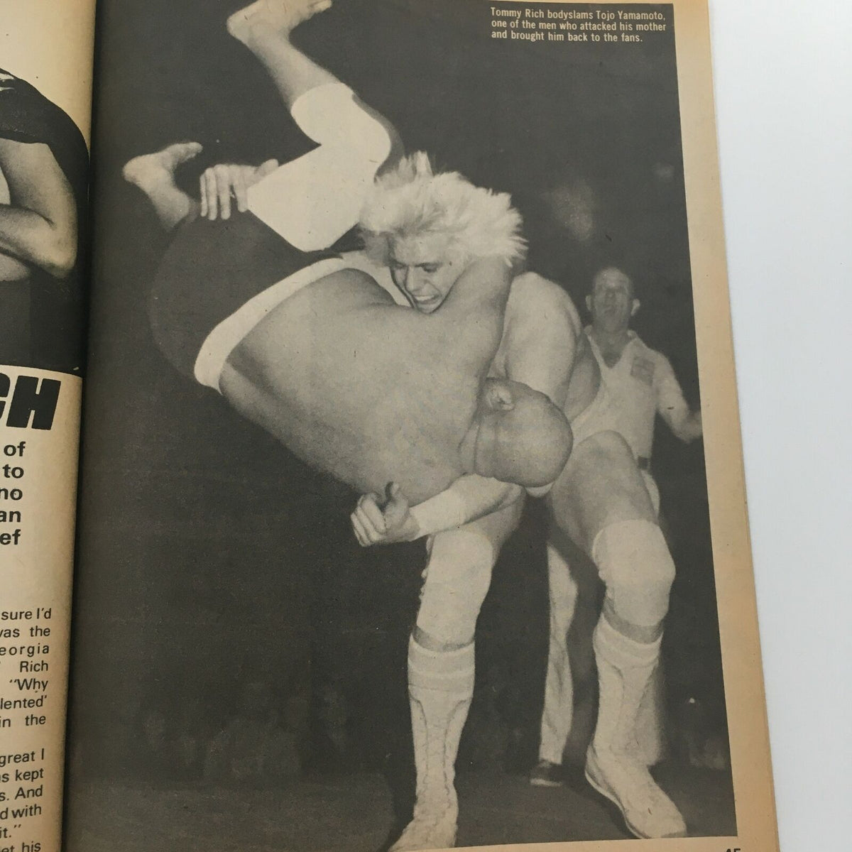 Dynamic wrestling action captured in The Wrestler Magazine June 1981, illustrating Tommy Rich body slamming Tojo Yamamoto, highlighting the excitement and athleticism of wrestling.