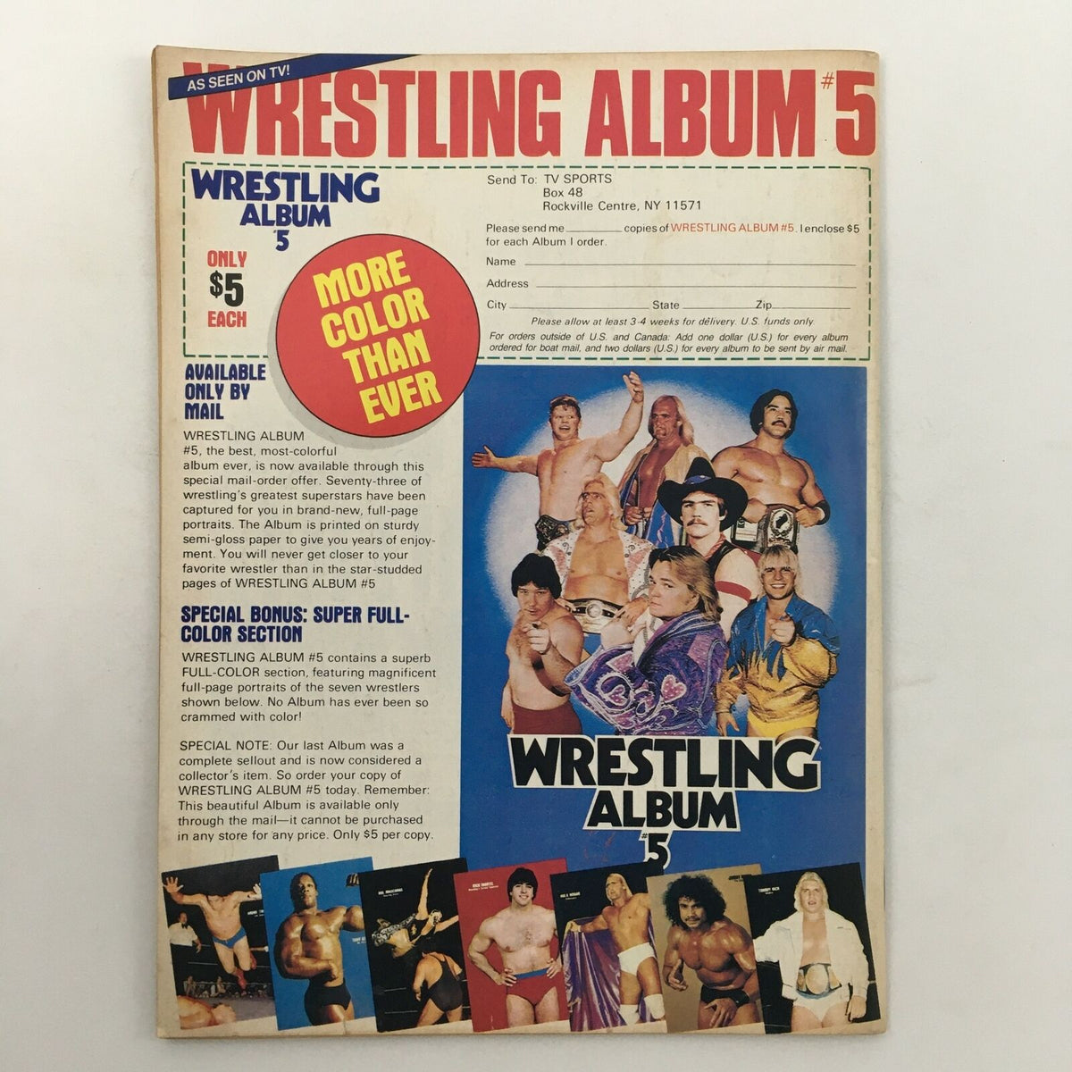 Advertisement for Wrestling Album #5 within Wrestling Superstars Magazine Spring 1984, promoting colorful portraits of wrestling superstars.